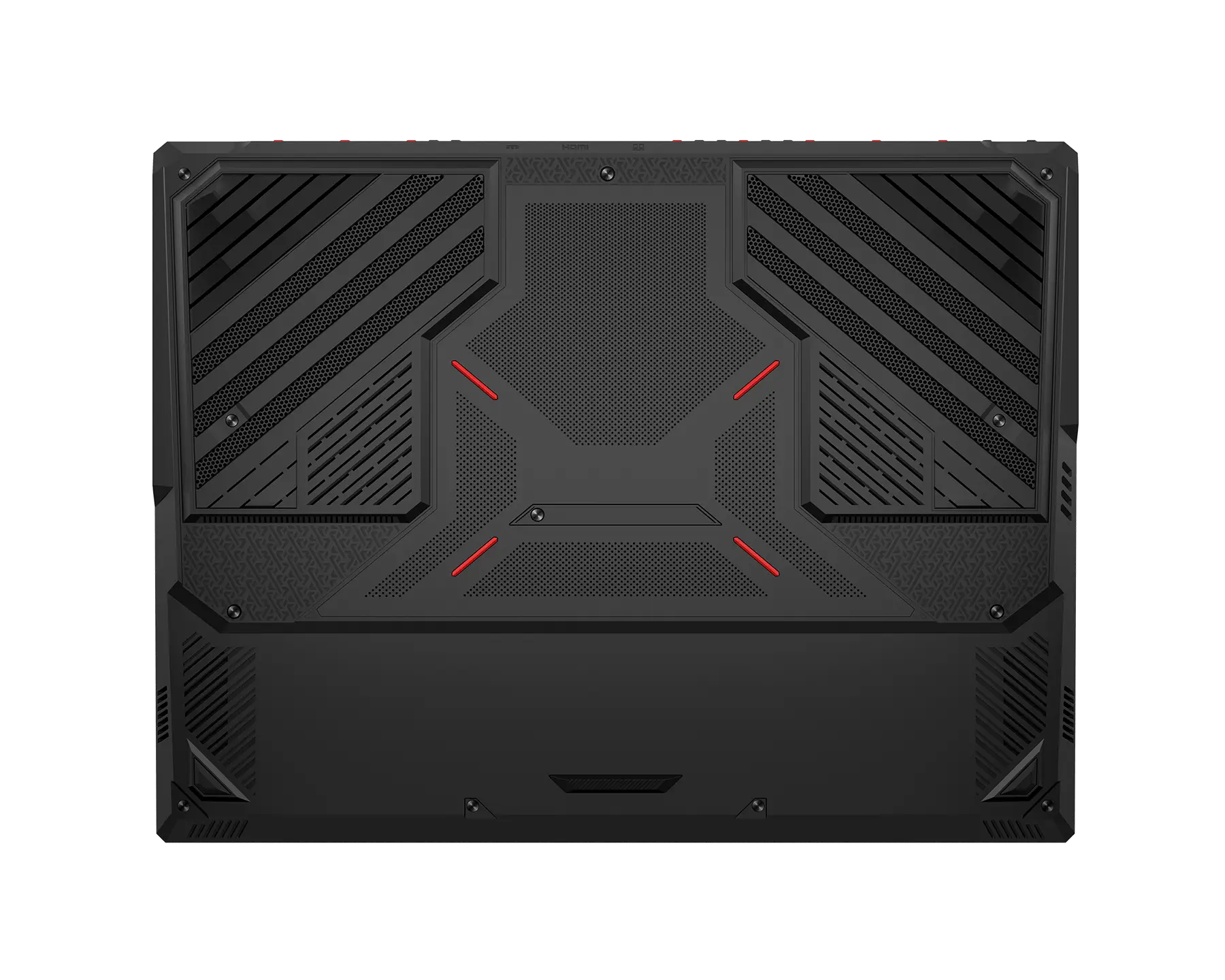Parte inferiore di un laptop nero con griglie di ventilazione e dettagli rossi.