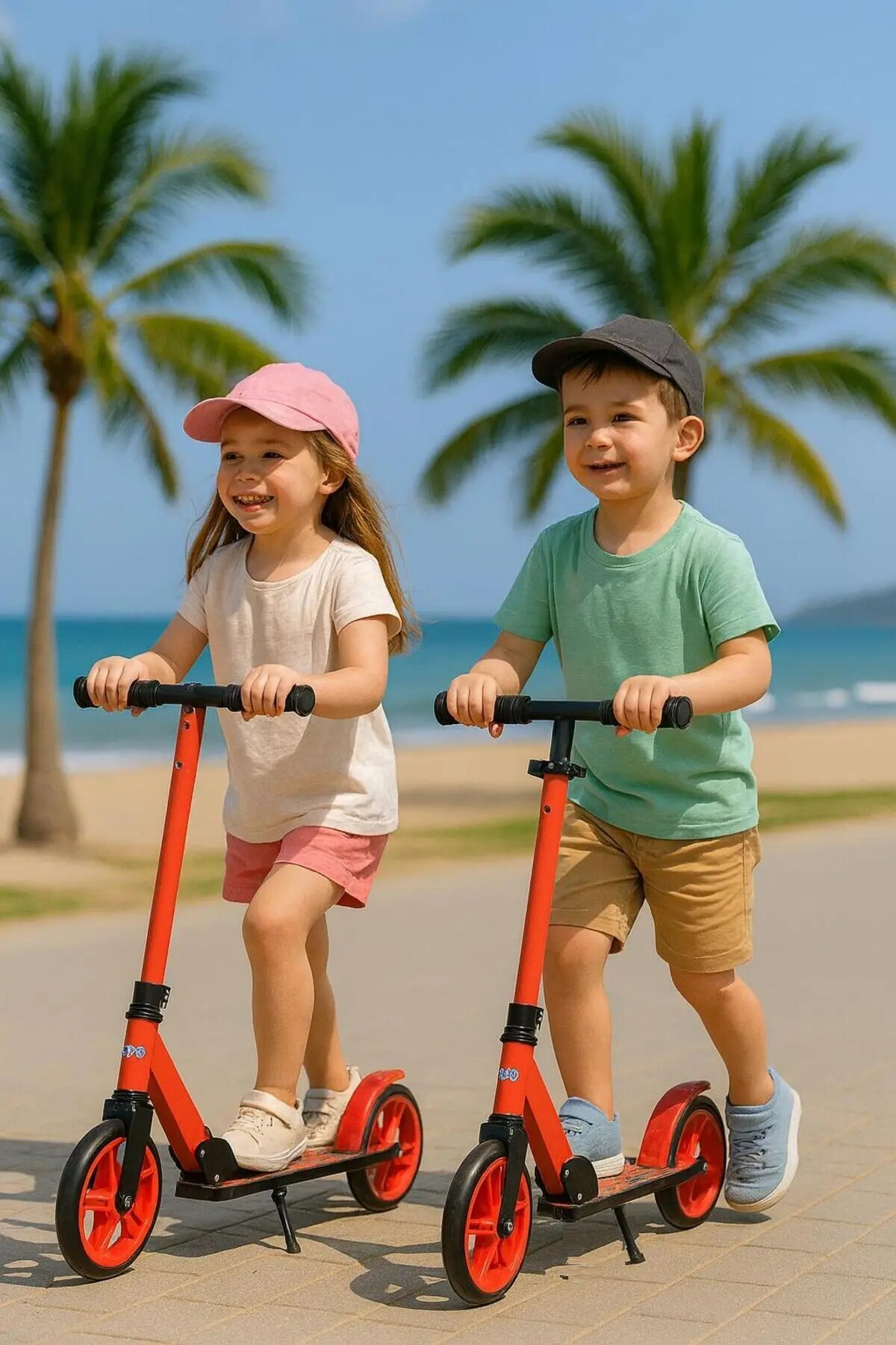 İki mutlu çocuk palmiyeli güneşli bir plajda kırmızı scooter sürüyor.