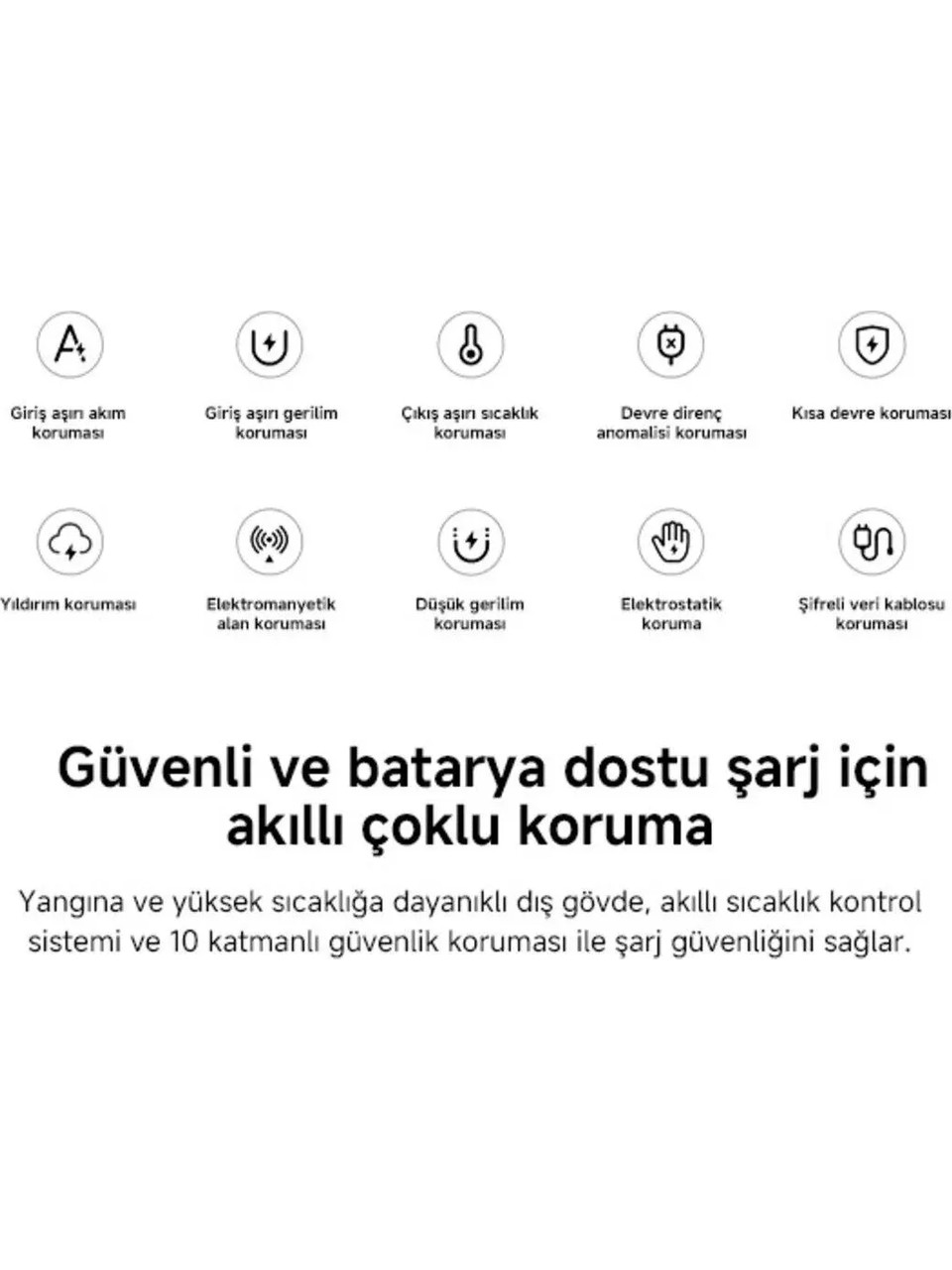 Infografica con dieci icone di sicurezza e testo sulla protezione di ricarica.