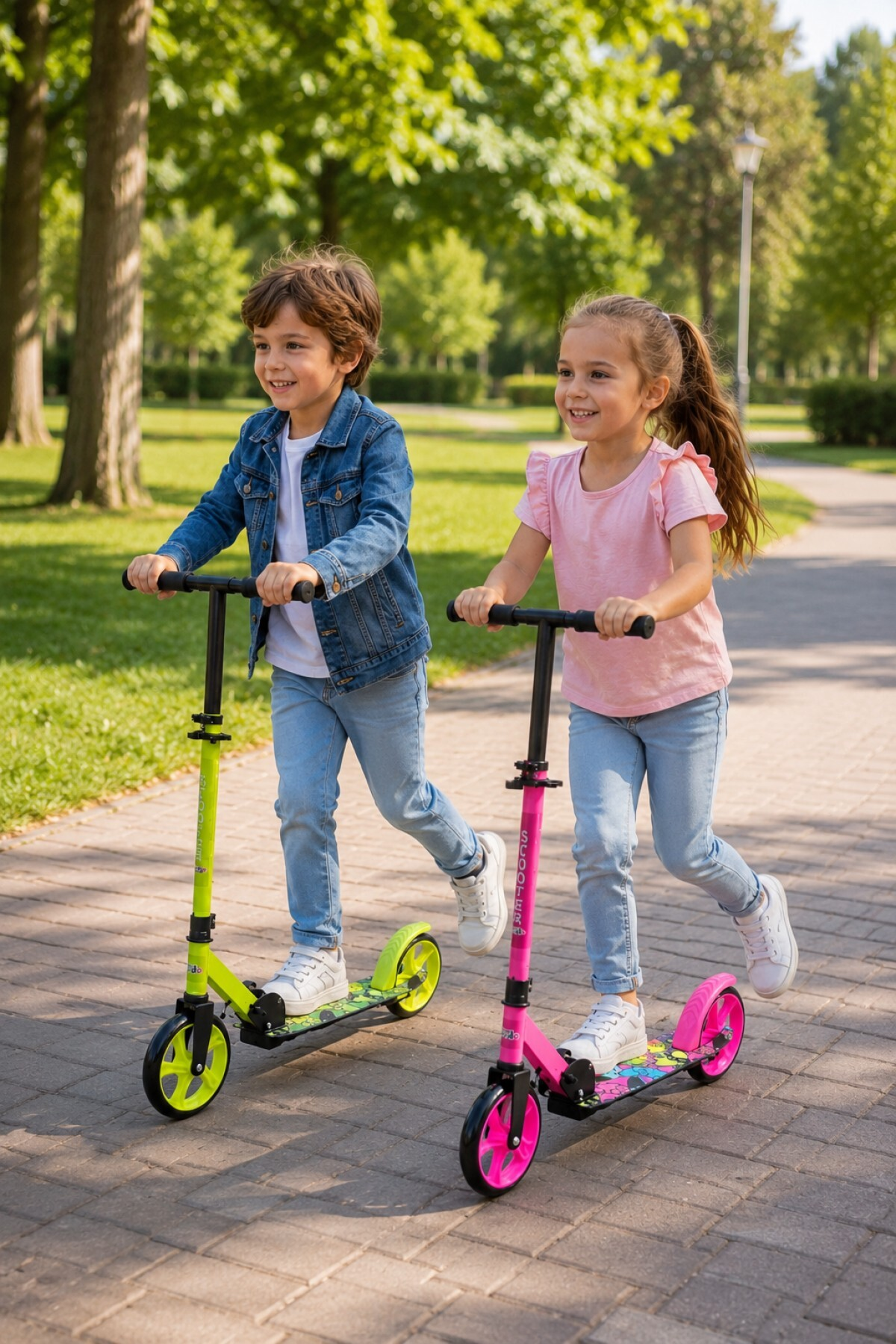 Bir çocuk ve kız park yolunda scooter sürerken gülümsüyor, yeşil ağaçlar arasında tek ayakla itiyorlar.