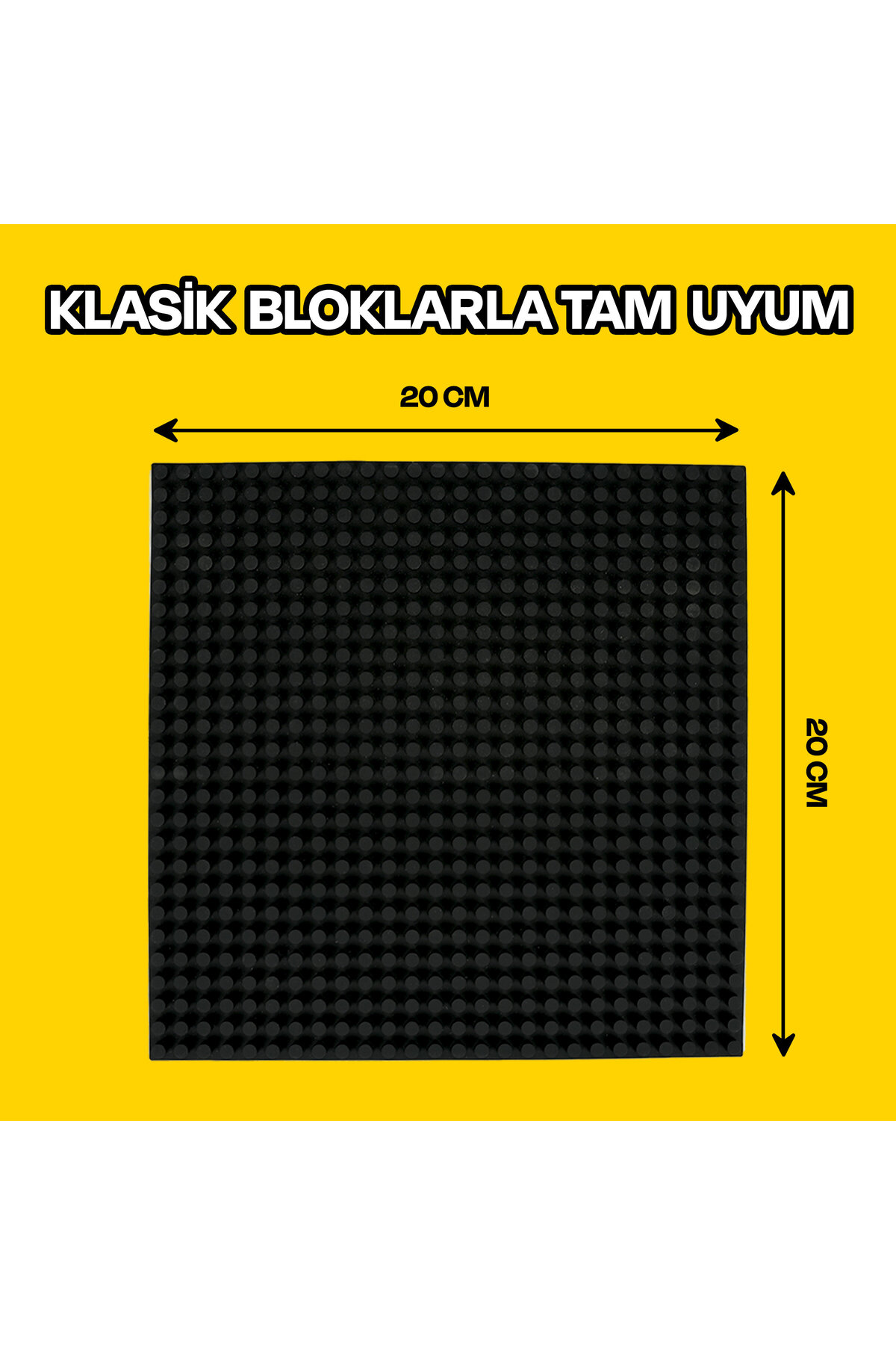Sarı arka plan üzerinde 20x20 cm siyah blok tabanı ve metin.