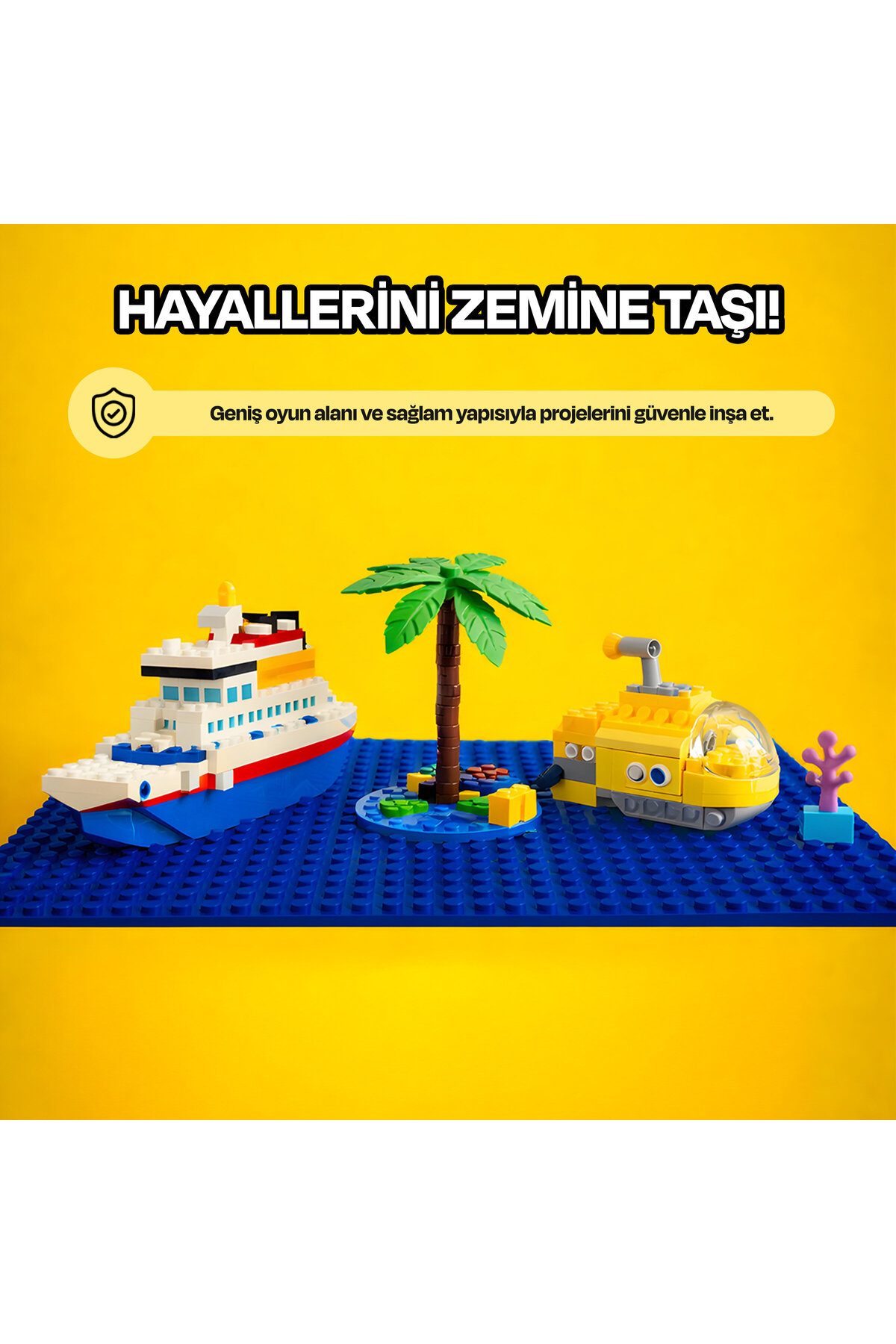 Mavi zemin üzerinde Lego modelleri: bir gemi, bir ada üstünde palmiye ve sarı denizaltı, sarı arka plan.