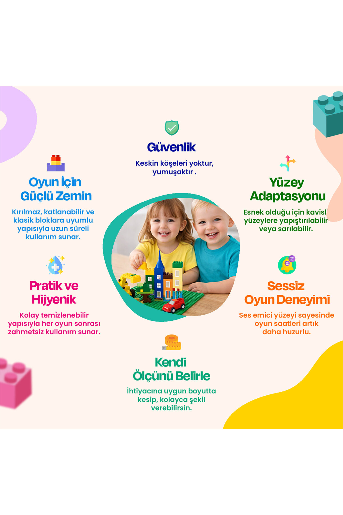 Ortada çocukların ve etrafında metin kutularının olduğu yapı blokları tanıtımı.