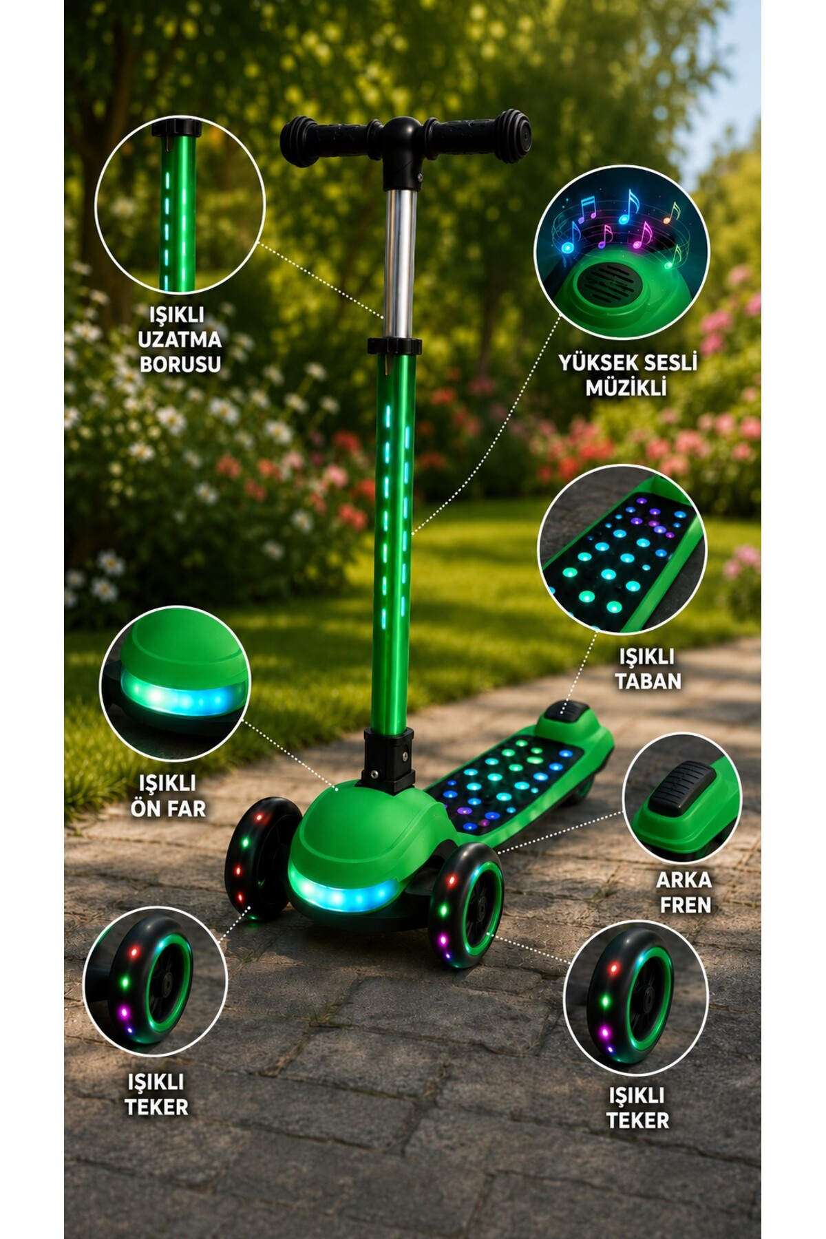 Borusu, tekerlekleri ve tabanı ışıklı yeşil çocuk scooter, dış mekanda.