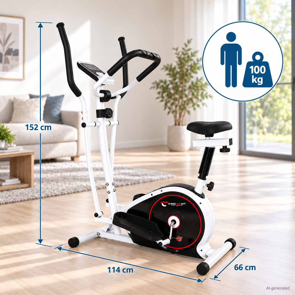 Weißer Heimtrainer mit Maßen 152x114x66 cm und 100 kg Belastbarkeit in einem Wohnzimmer.