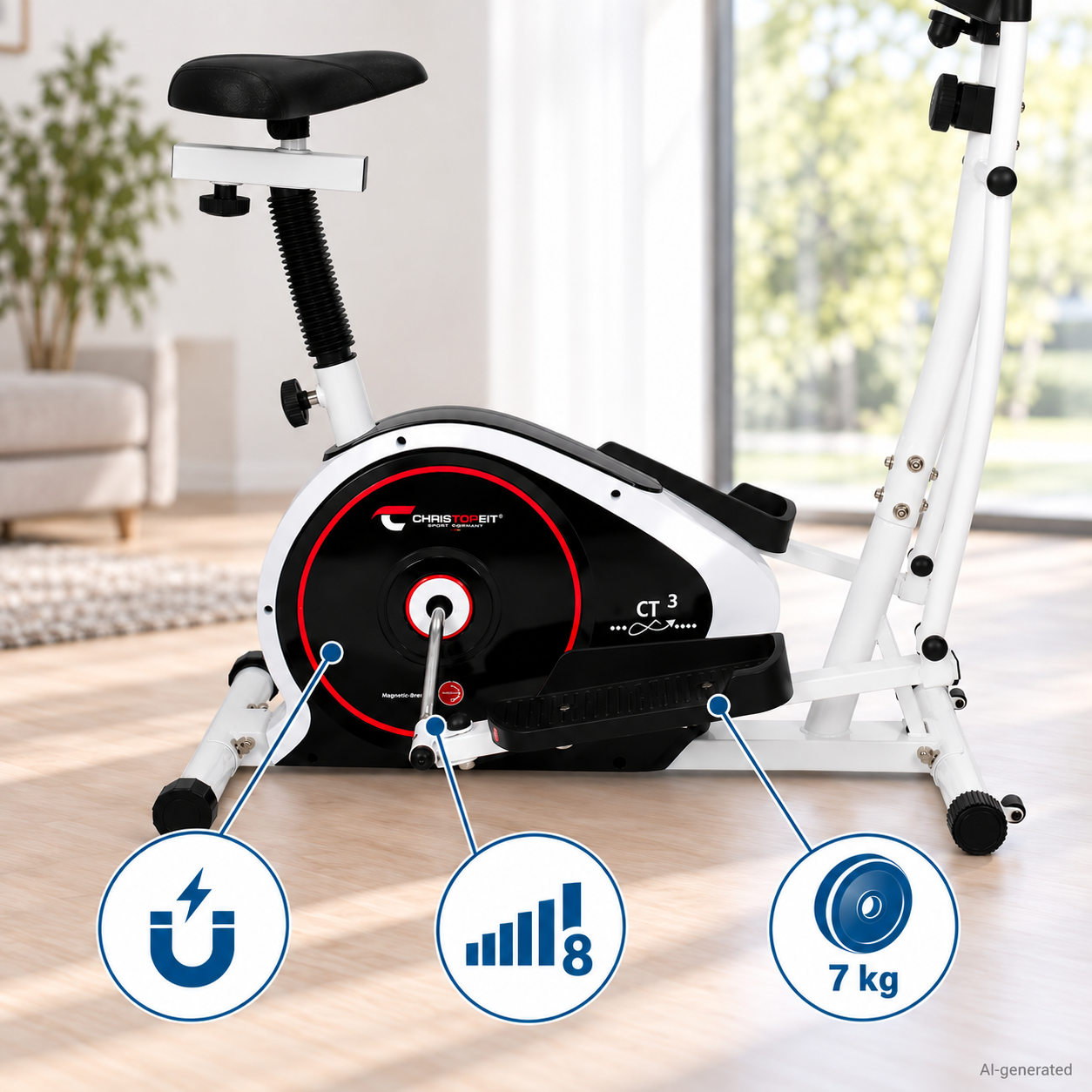 Ein weiß-schwarzer Crosstrainer mit Magnetbremse, Widerstandsleveln und 7 kg Schwungmasse in einem hellen Raum.