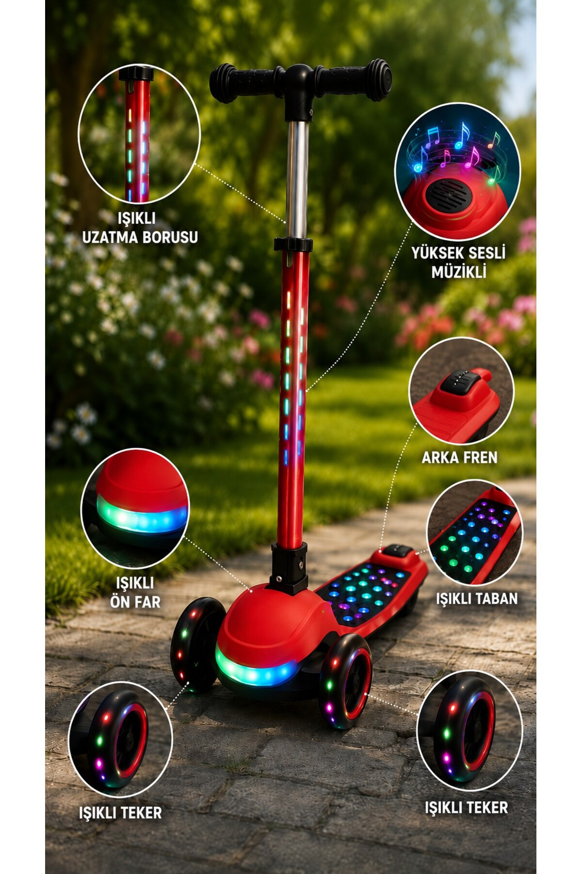 Işıklı tekerlekleri, platformu ve müzik özelliği olan kırmızı çocuk scooter'ı bahçe yolunda duruyor.