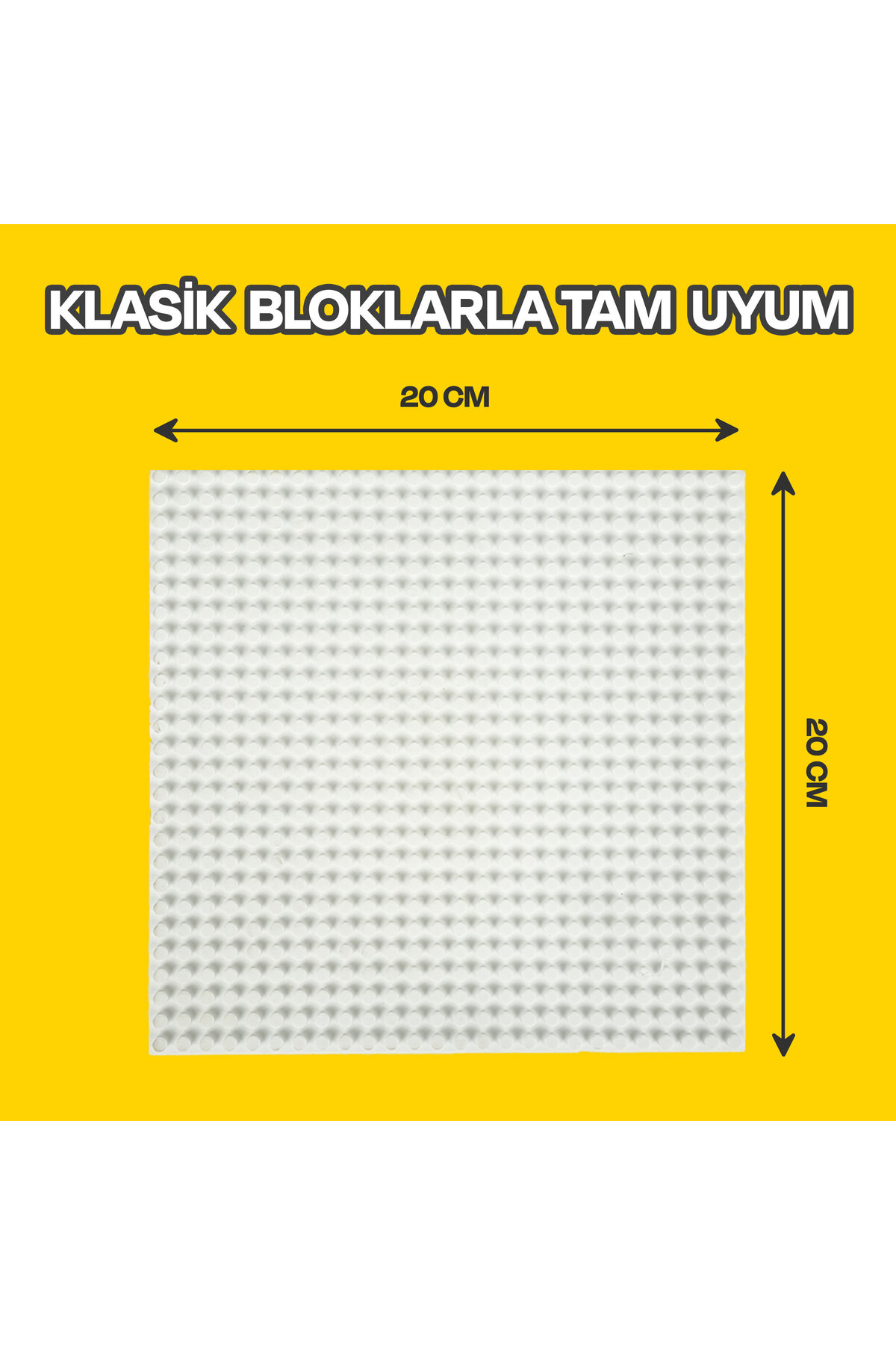 Sarı arka plan üzerinde ölçü oklarıyla birlikte beyaz kare 20x20 cm taban bloğu.