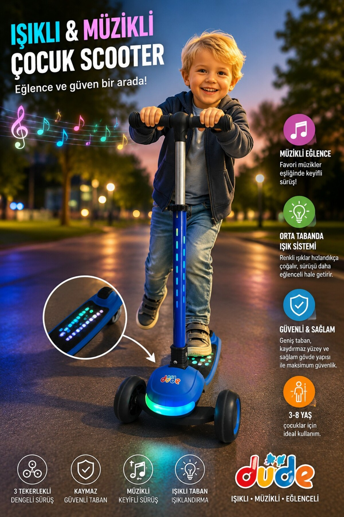 Gülümseyen bir çocuk alacakaranlıkta açık havada mavi, ışıklı scooter sürüyor.