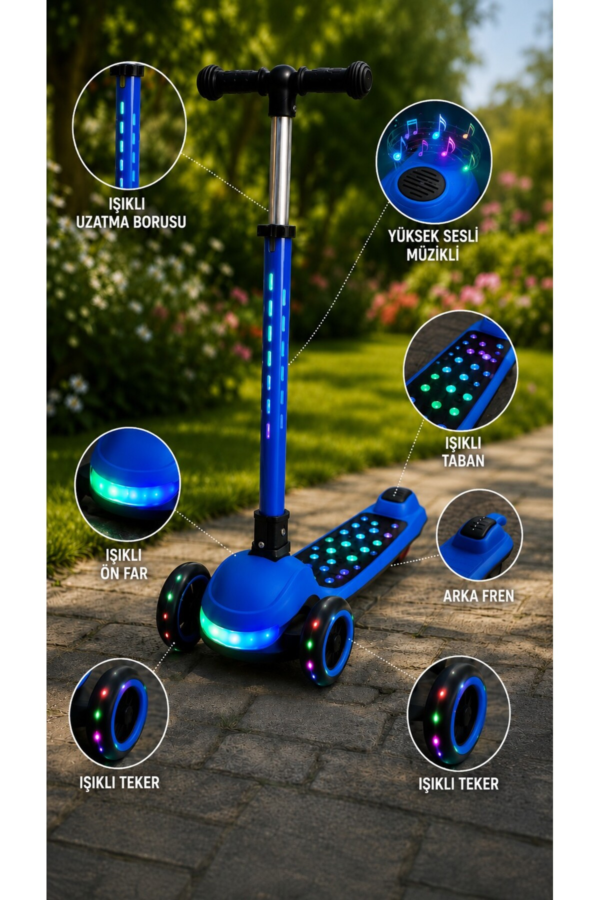 Işıklı tekerlekleri, borusu, tabanı, ön farı ve müzik özellikleriyle açık alanda mavi çocuk scooter'ı.