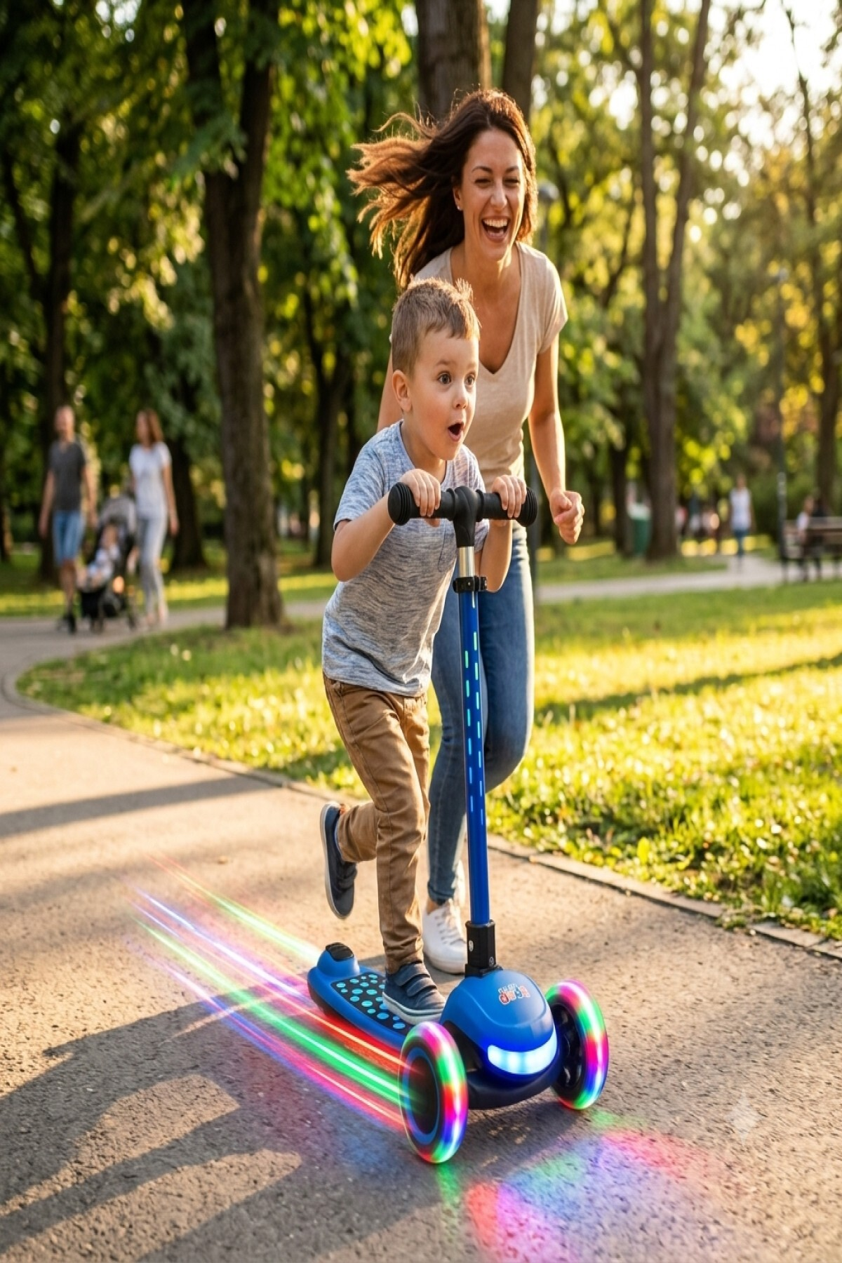 Küçük bir çocuk parktaki yolda parlayan mavi bir scooter sürerken, arkasından gülen bir kadın koşuyor.