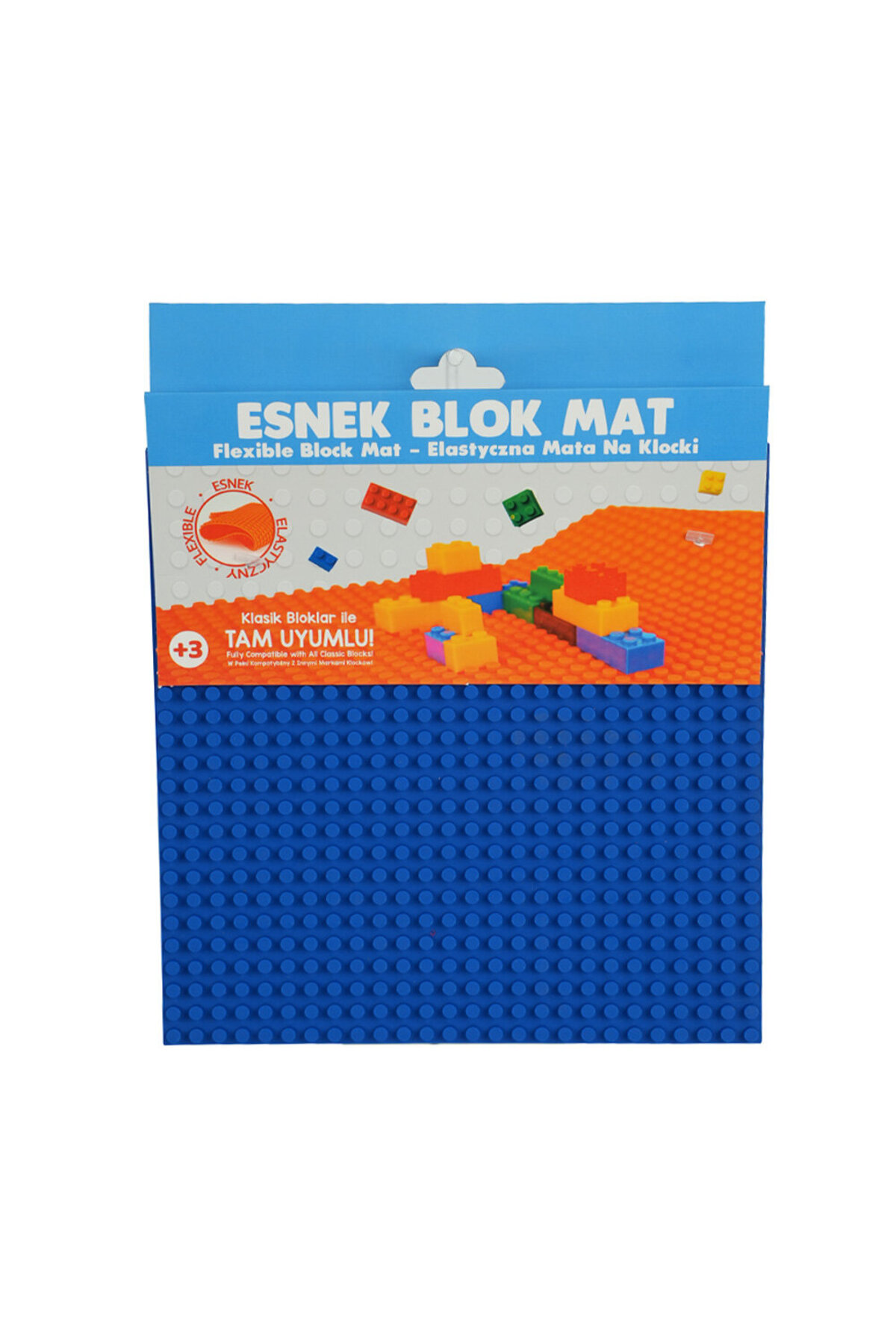 Renkli yapı blokları içeren esnek blok matın mavi ambalajı.