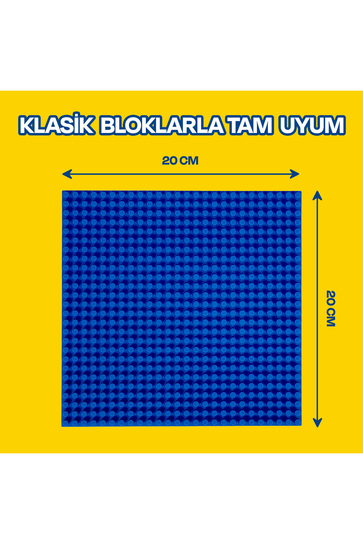 Sarı arka plan üzerinde 20x20 cm boyutunda mavi kare yapı bloğu tabanı ve yazı.