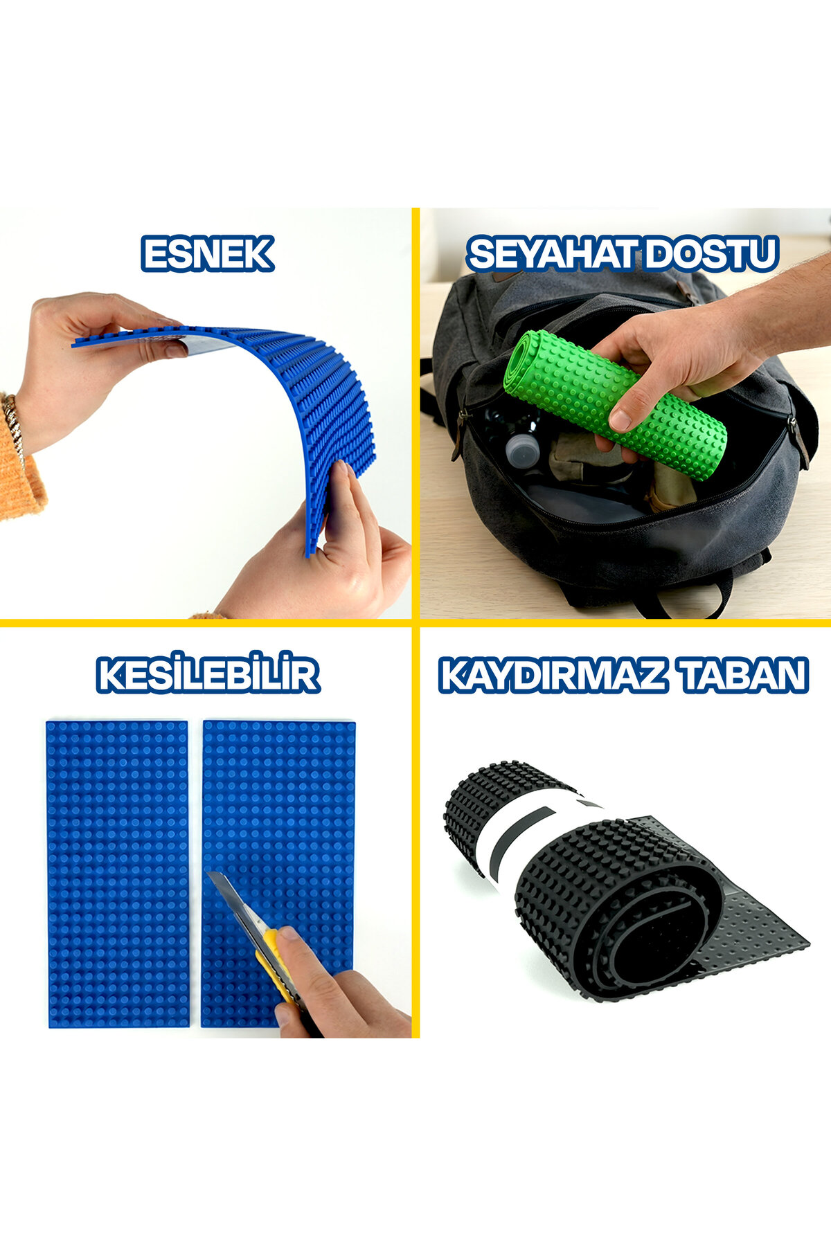 Esnek, seyahat dostu, kesilebilir ve kaydırmaz tabanlı mavi ve yeşil oyuncak zemin panelleri.