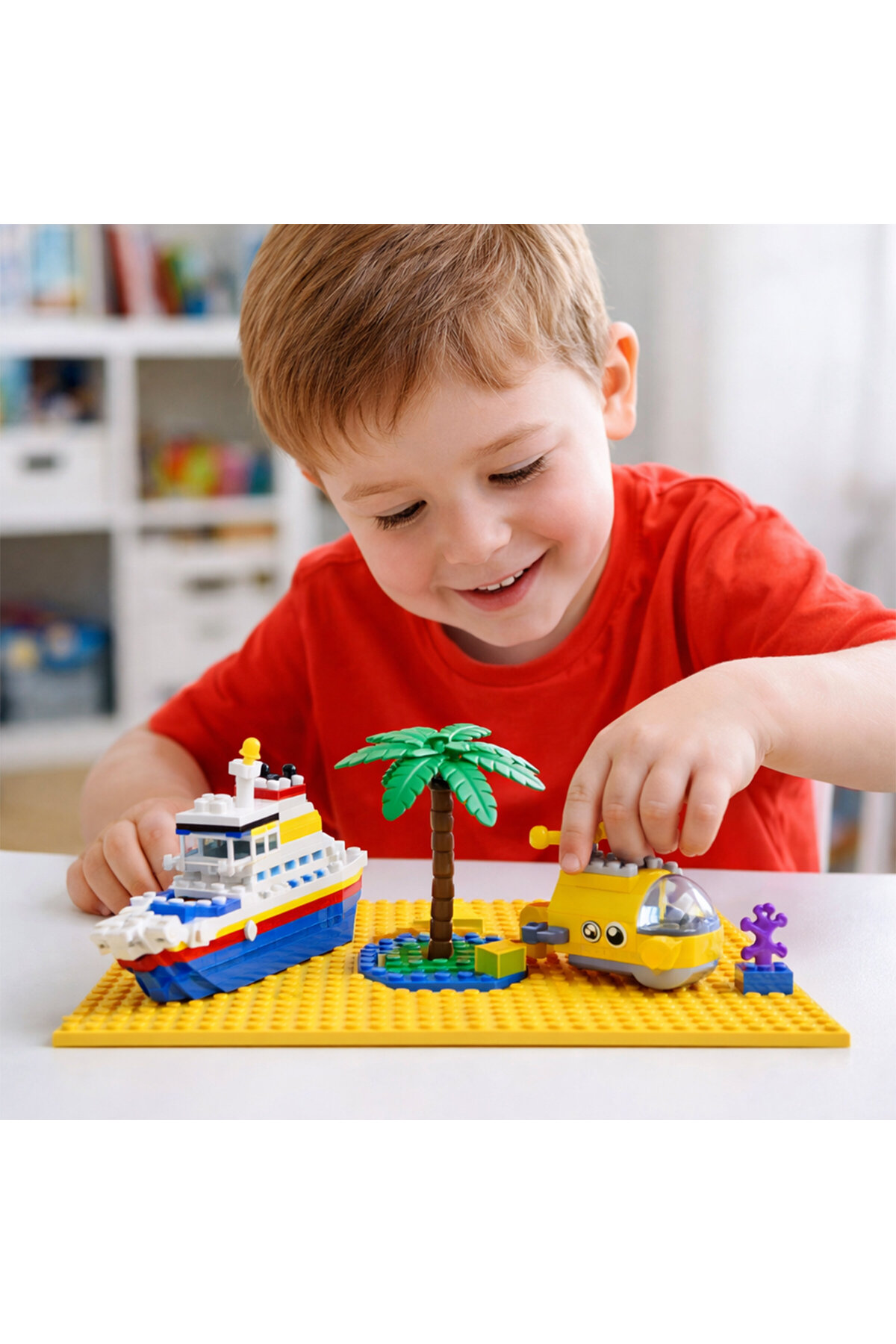 Kırmızı tişörtlü bir çocuk sarı bir taban üzerinde Lego parçalarıyla oyuncak tekneler, palmiye ve denizaltı yapıyor.