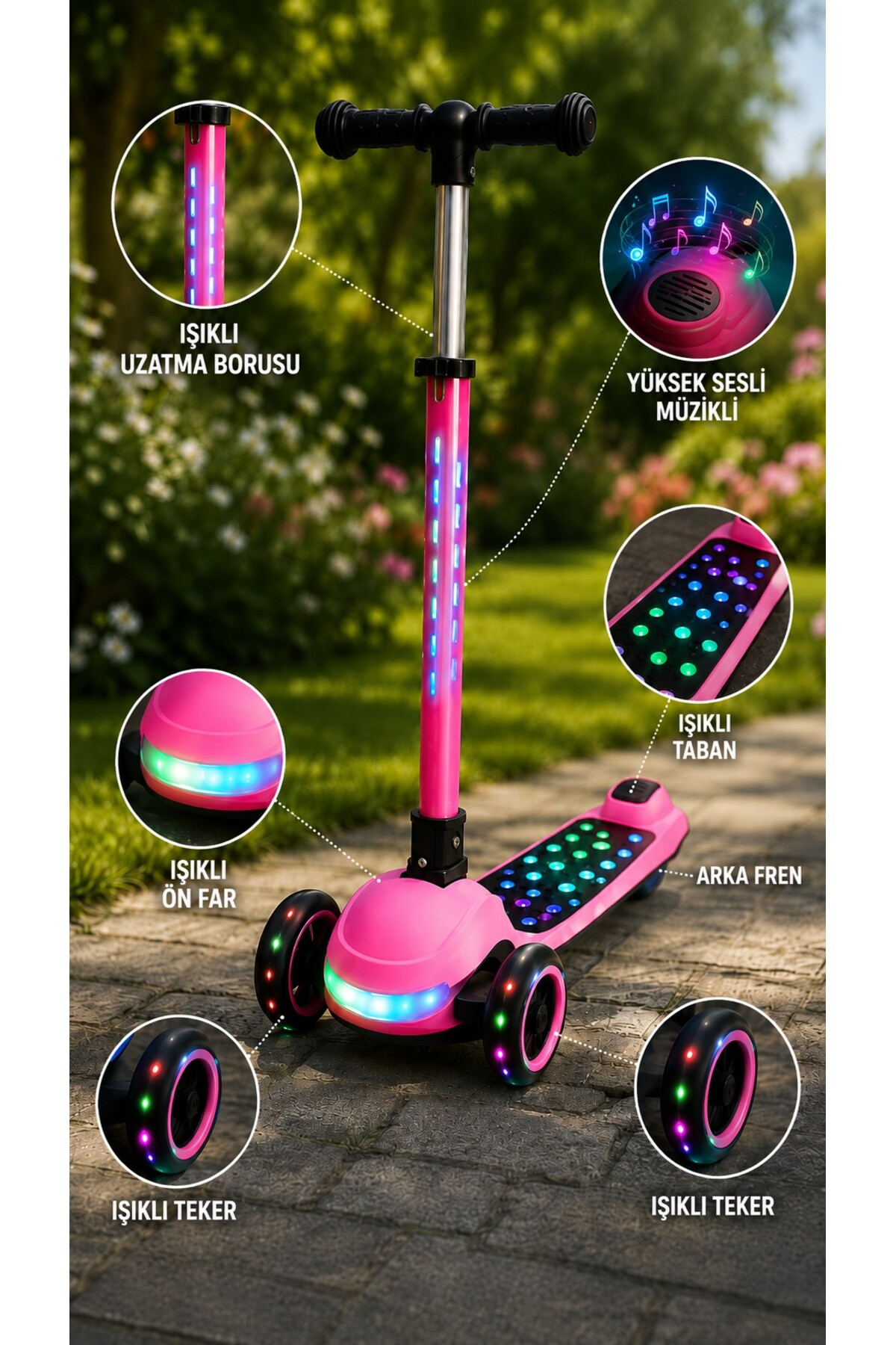 Işıklı tekerlekleri, müzik özelliği ve renkli ışıkları olan pembe çocuk scooter'ı.