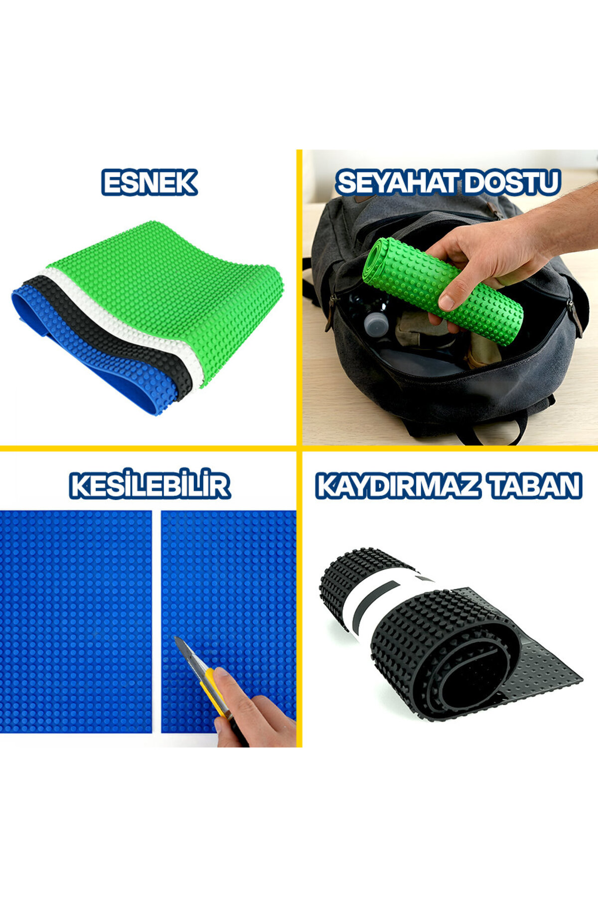 Dört panelde esnek, seyahat dostu, kesilebilir ve kaydırmaz tabanlı renkli yapı matları gösterilmektedir.