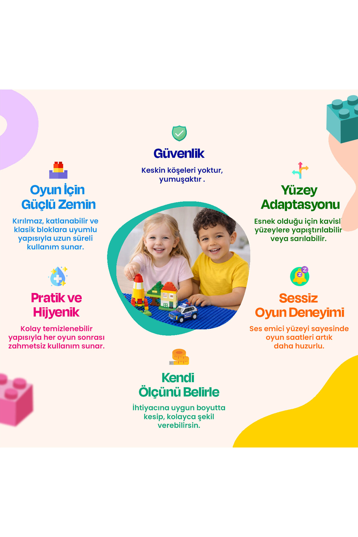 Mavi zemin üzerinde yapı bloklarıyla oynayan iki çocuğun yer aldığı ve ürün özelliklerinin anlatıldığı tanıtım afişi.