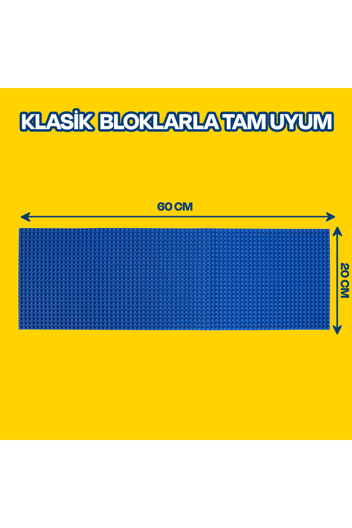 Sarı arka plan üzerinde 60x20 cm boyutlarında mavi dikdörtgen yapı levhası.
