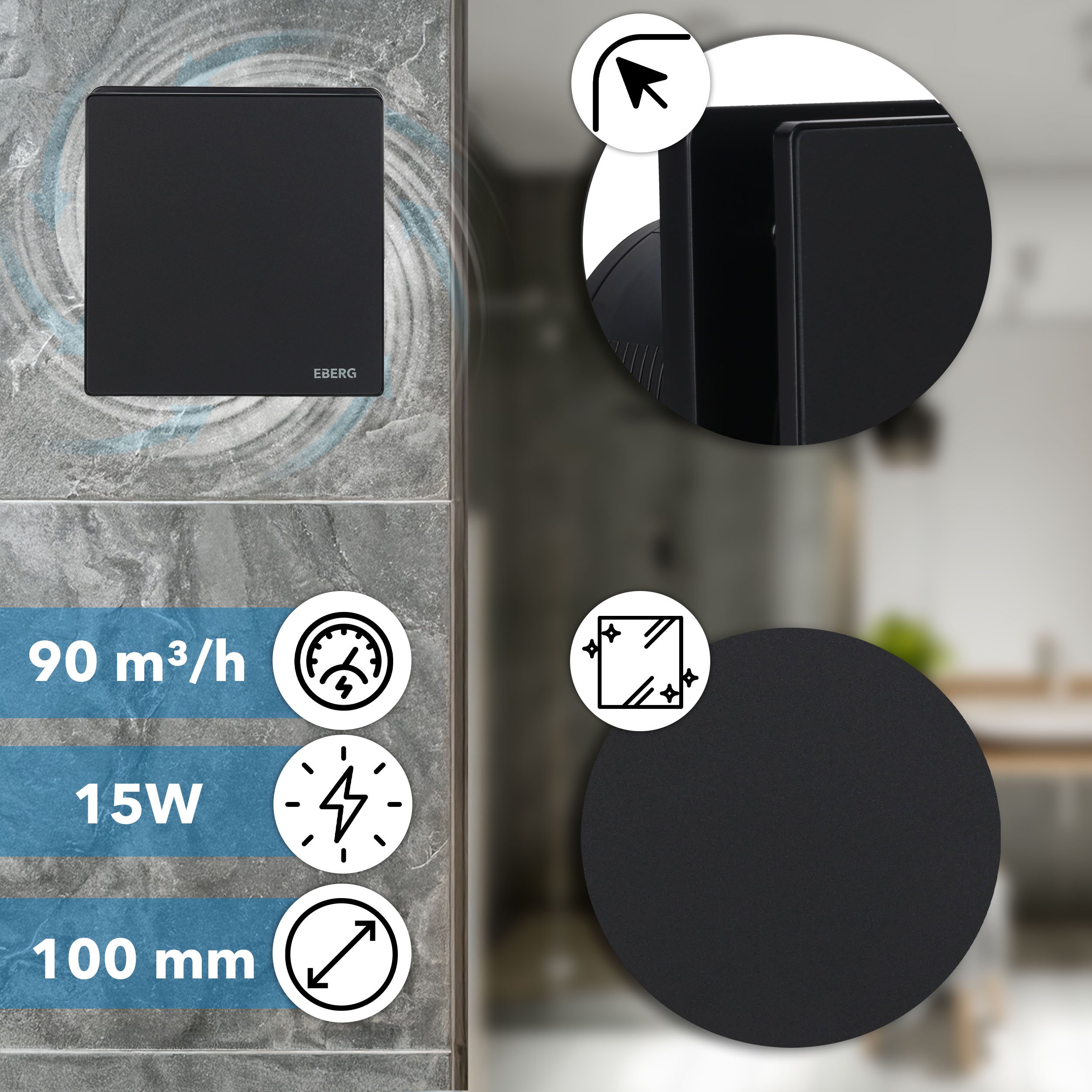 Czarny wentylator łazienkowy Eberg o specyfikacji: 90 m3/h, 15W i 100 mm.