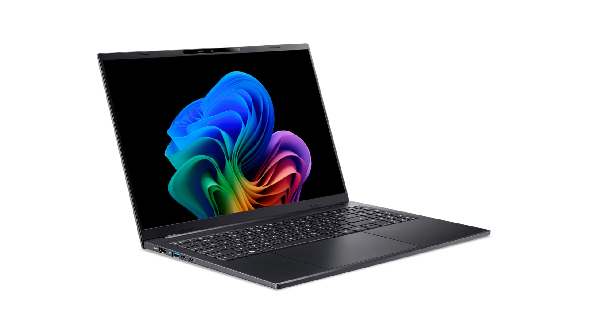 Un computer portatile nero su sfondo bianco con un motivo astratto colorato e vorticoso sullo schermo.