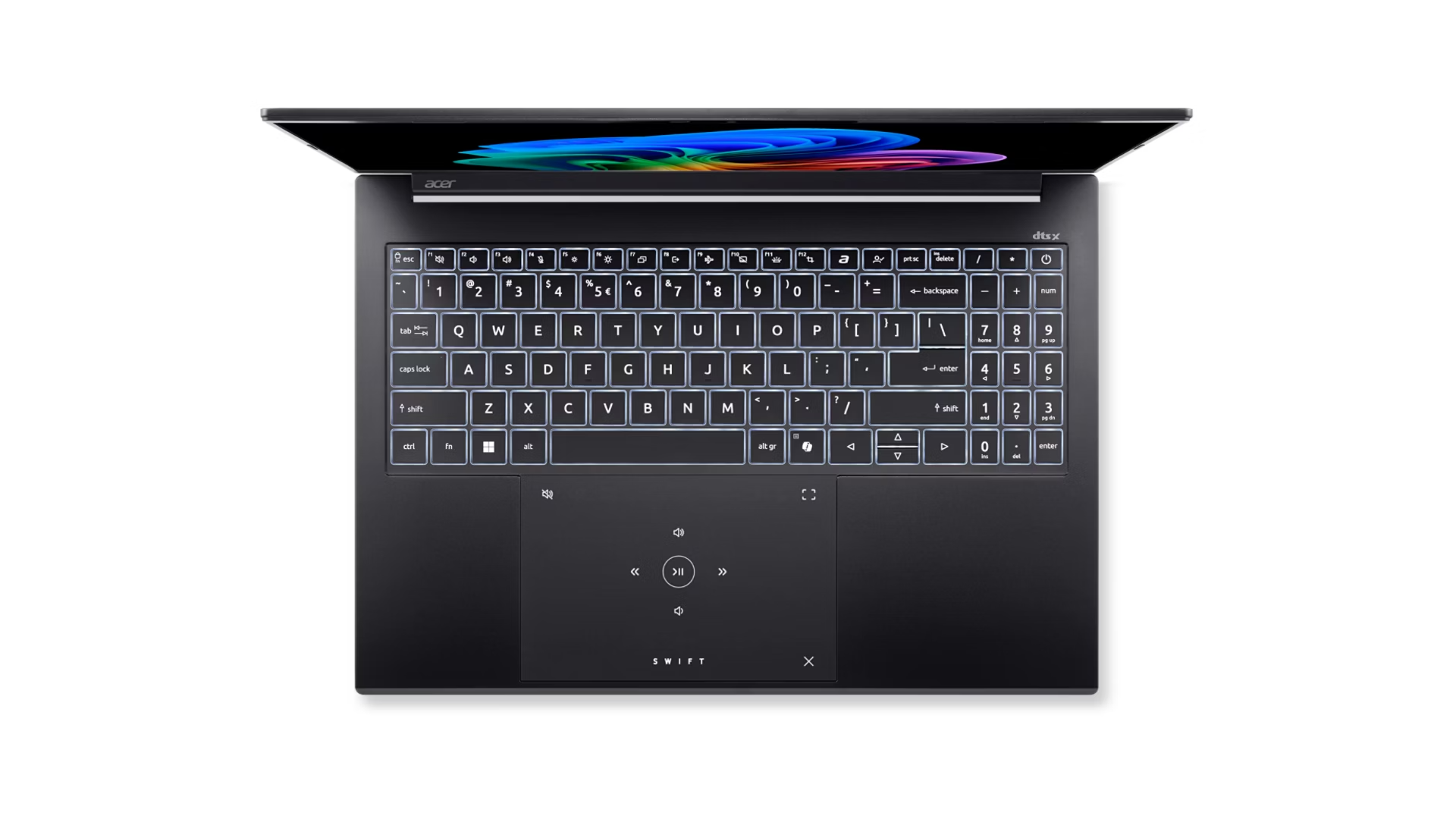 Vista dall'alto di un computer portatile Acer Swift nero con tastiera QWERTY retroilluminata e trackpad.