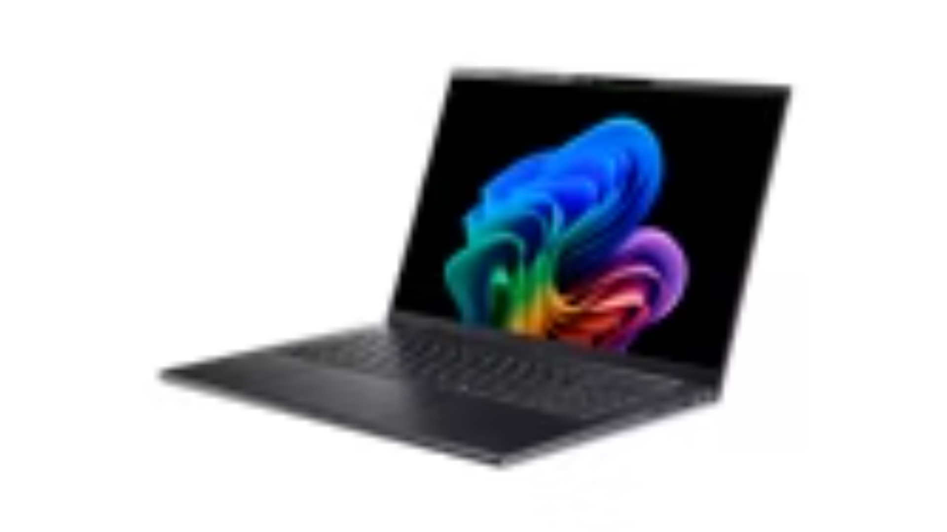 Un laptop scuro con uno sfondo astratto vibrante e colorato sullo schermo.