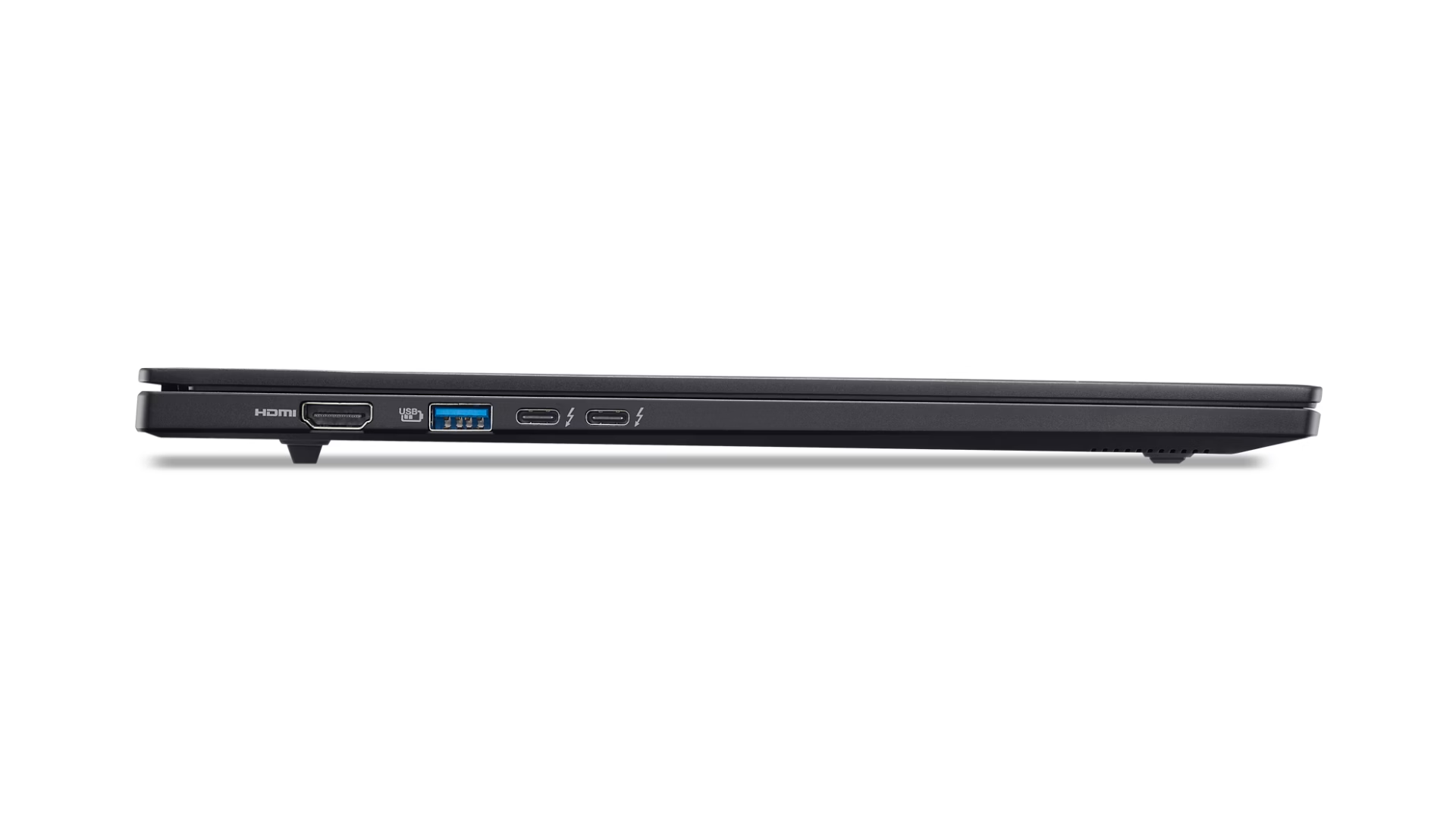 Lato sinistro di un laptop nero con porte HDMI, USB e due USB-C.