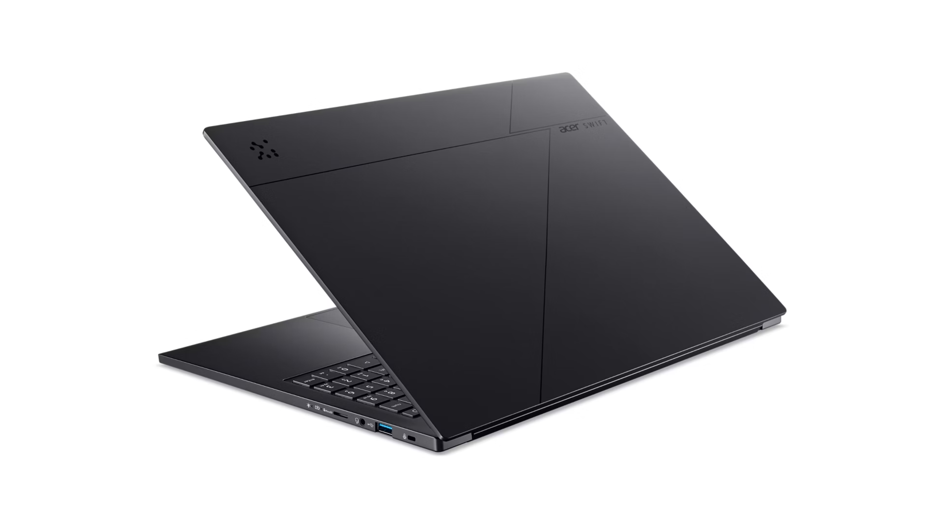 Un elegante laptop Acer Swift nero su sfondo bianco, che mostra la vista frontale angolata.