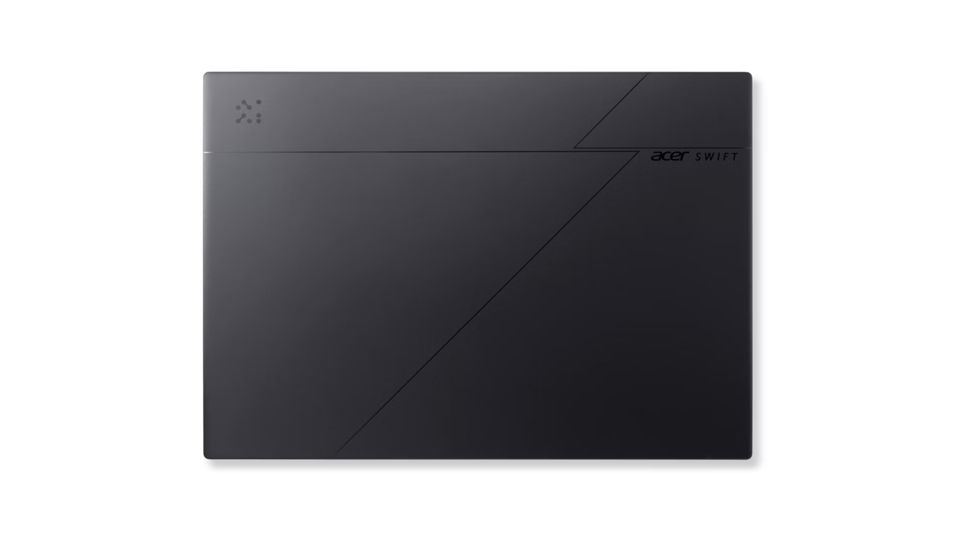Un computer portatile Acer Swift grigio chiuso con linee geometriche sul coperchio.