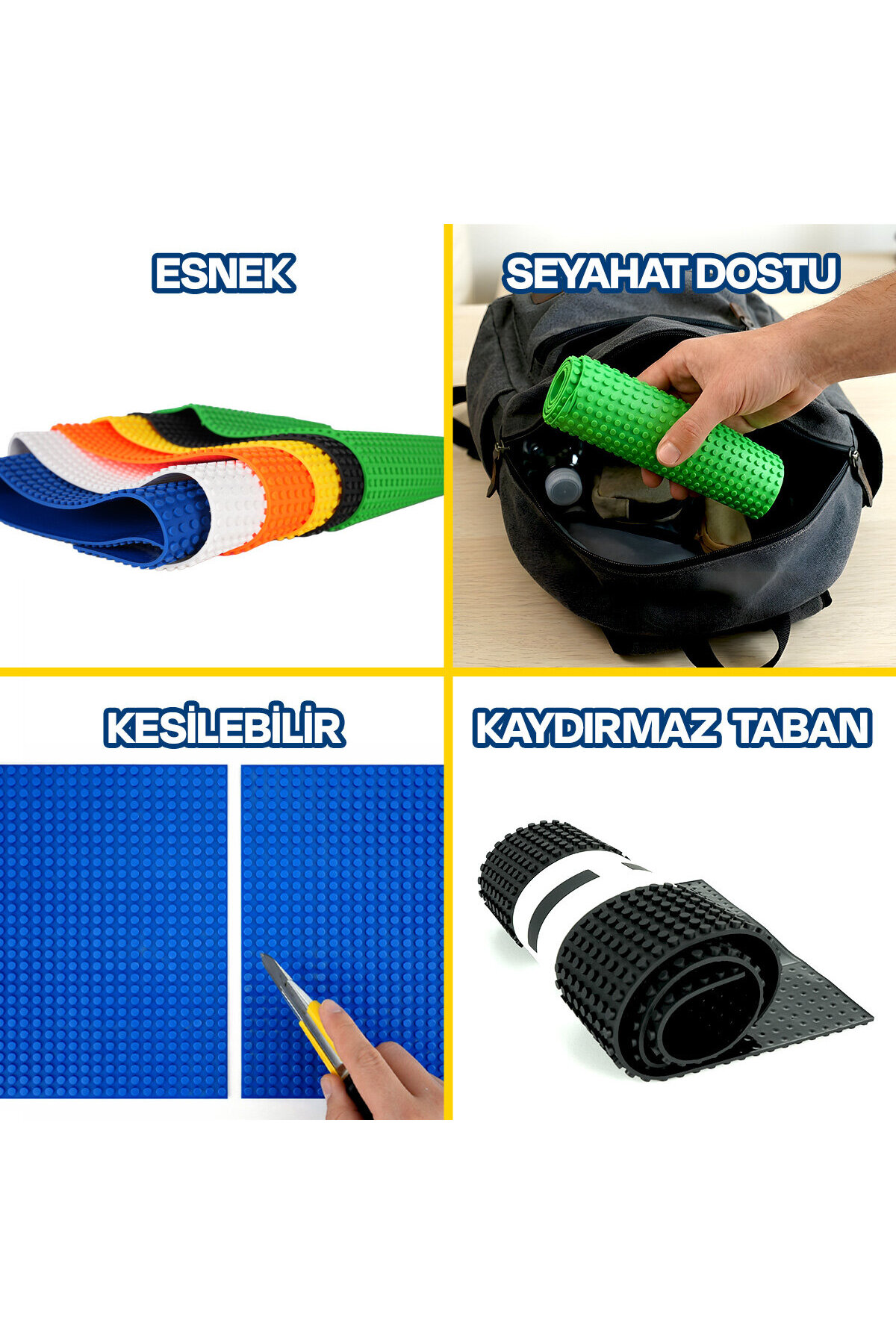 Dört görsel esnek, seyahat dostu, kesilebilir ve kaydırmaz yapı matlarını gösterir.