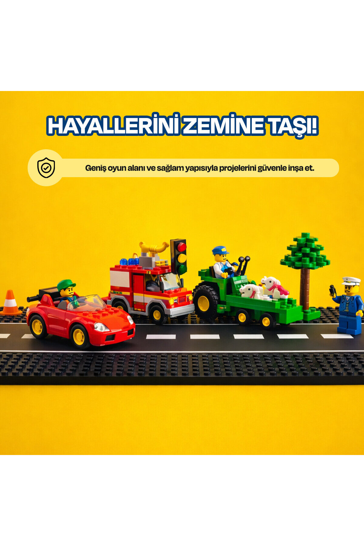 Sarı arka plan üzerinde Türkçe metin bulunan yolda Lego arabalar, koyunlu traktör ve figürler.