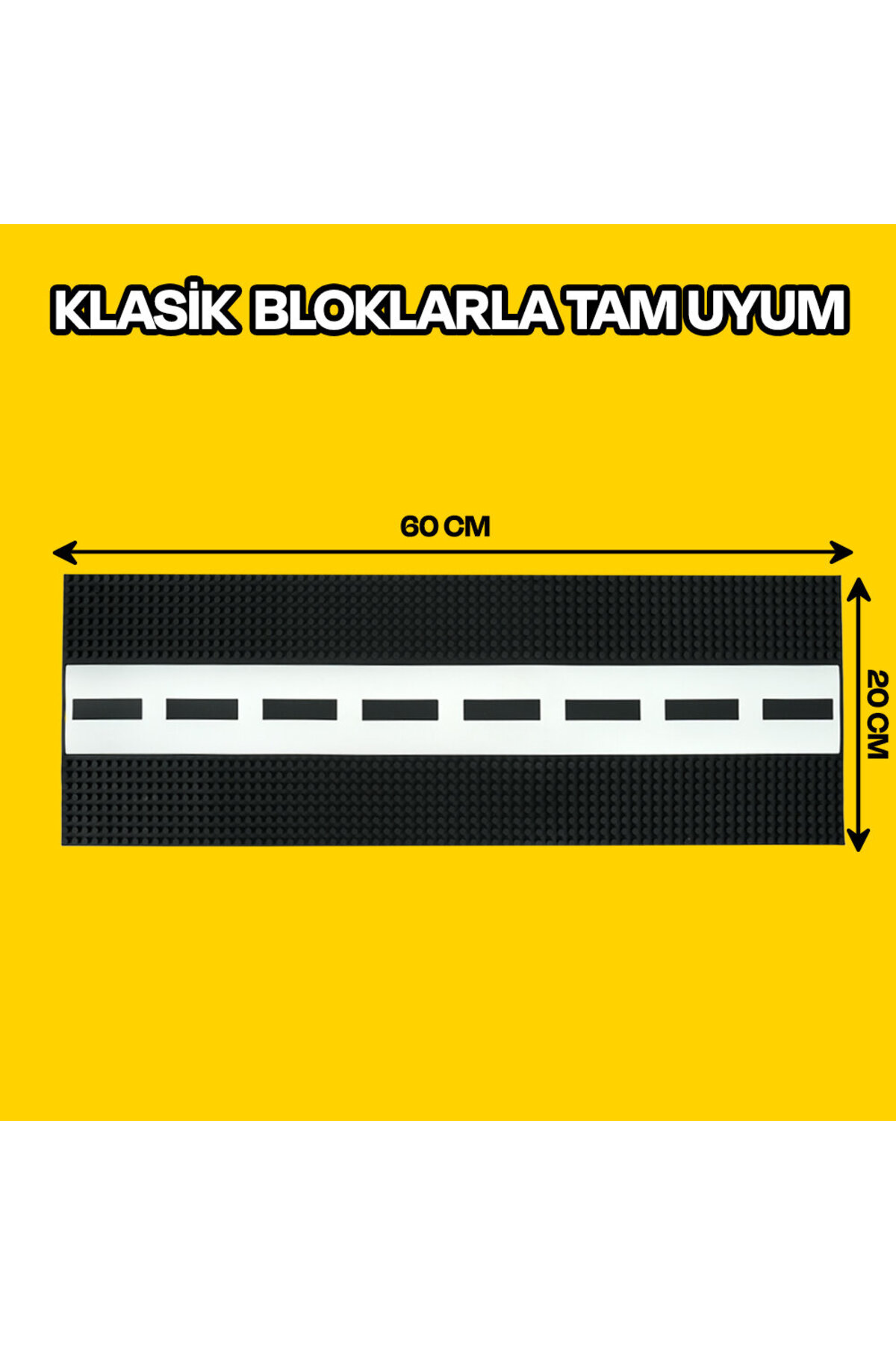 Sarı arka plan üzerinde beyaz kesikli çizgili siyah yol bloğu, 60x20 cm boyutlarında.