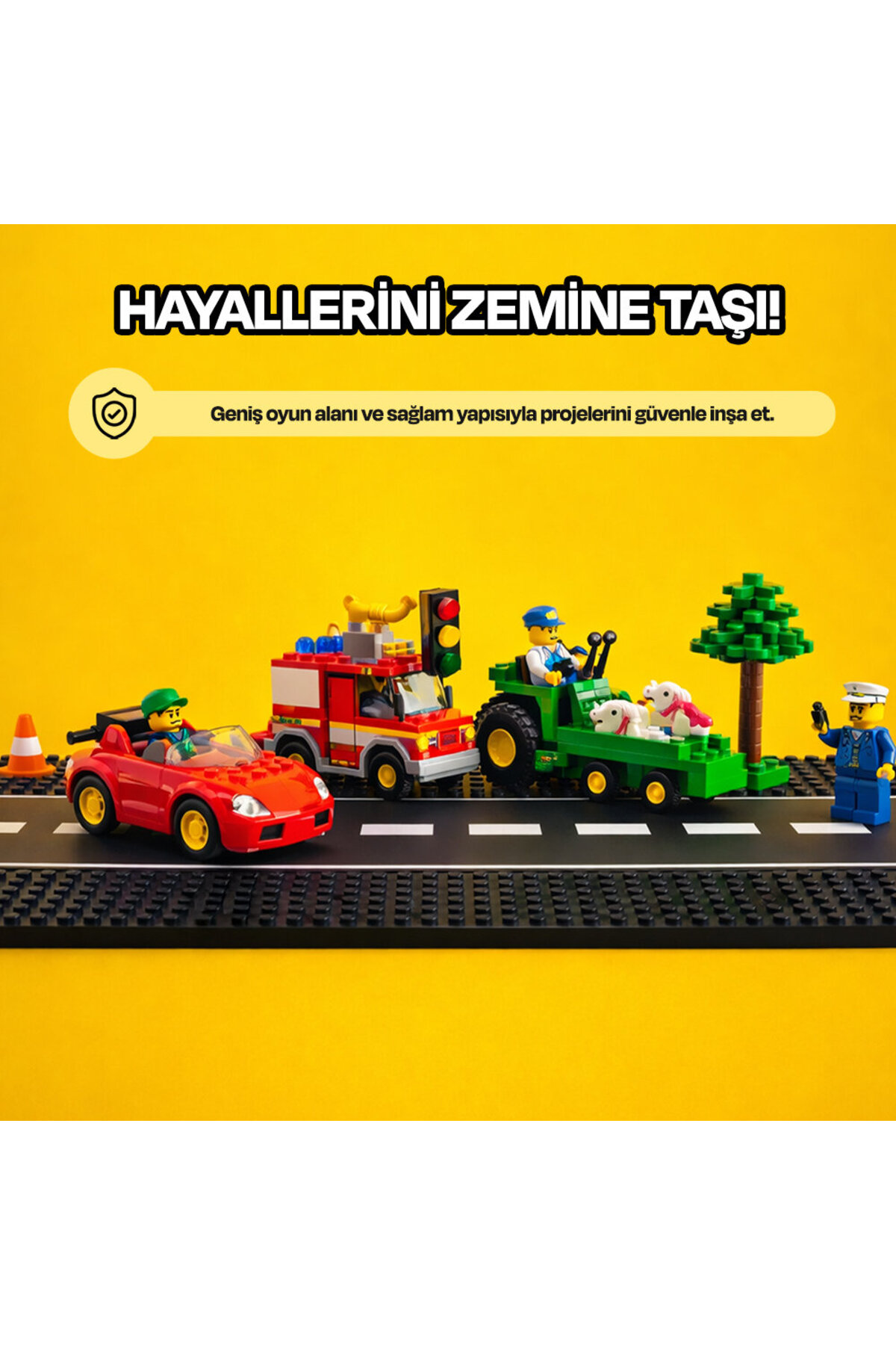 Sarı arka planda kırmızı araba, itfaiye aracı ve yeşil traktör içeren Lego oyuncakları.