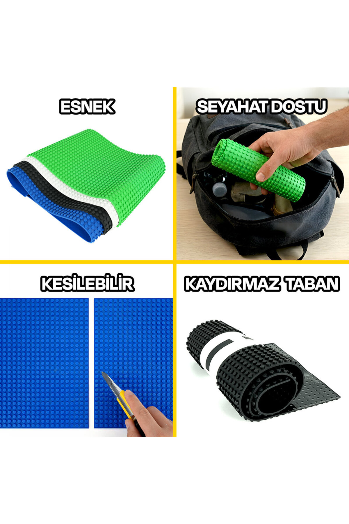 Esnek, seyahat dostu, kesilebilir ve kaydırmaz tabanlı renkli oyuncak yapı bloğu paspaslarını gösteren dört panel.