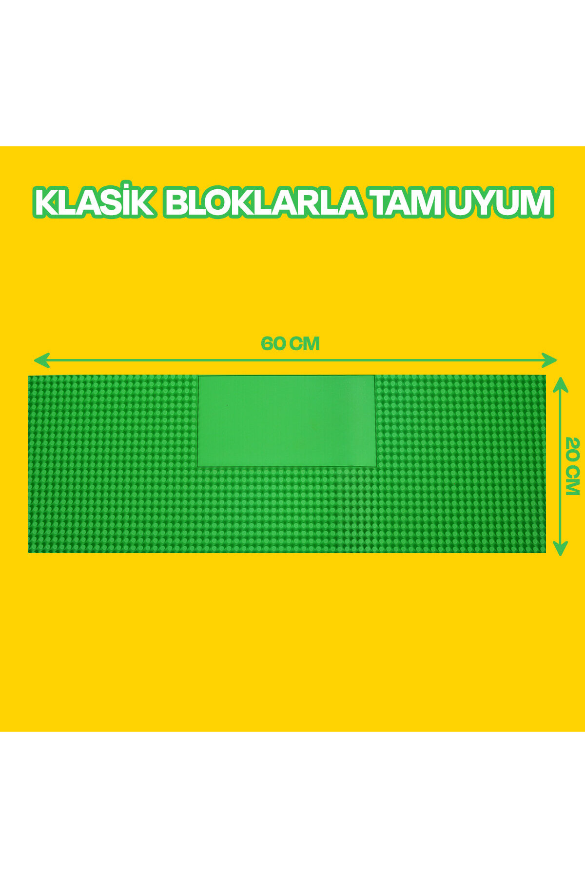 Sarı arka plan üzerinde ölçü oklarıyla birlikte 60x20 cm boyutlarında yeşil yapı levhası.