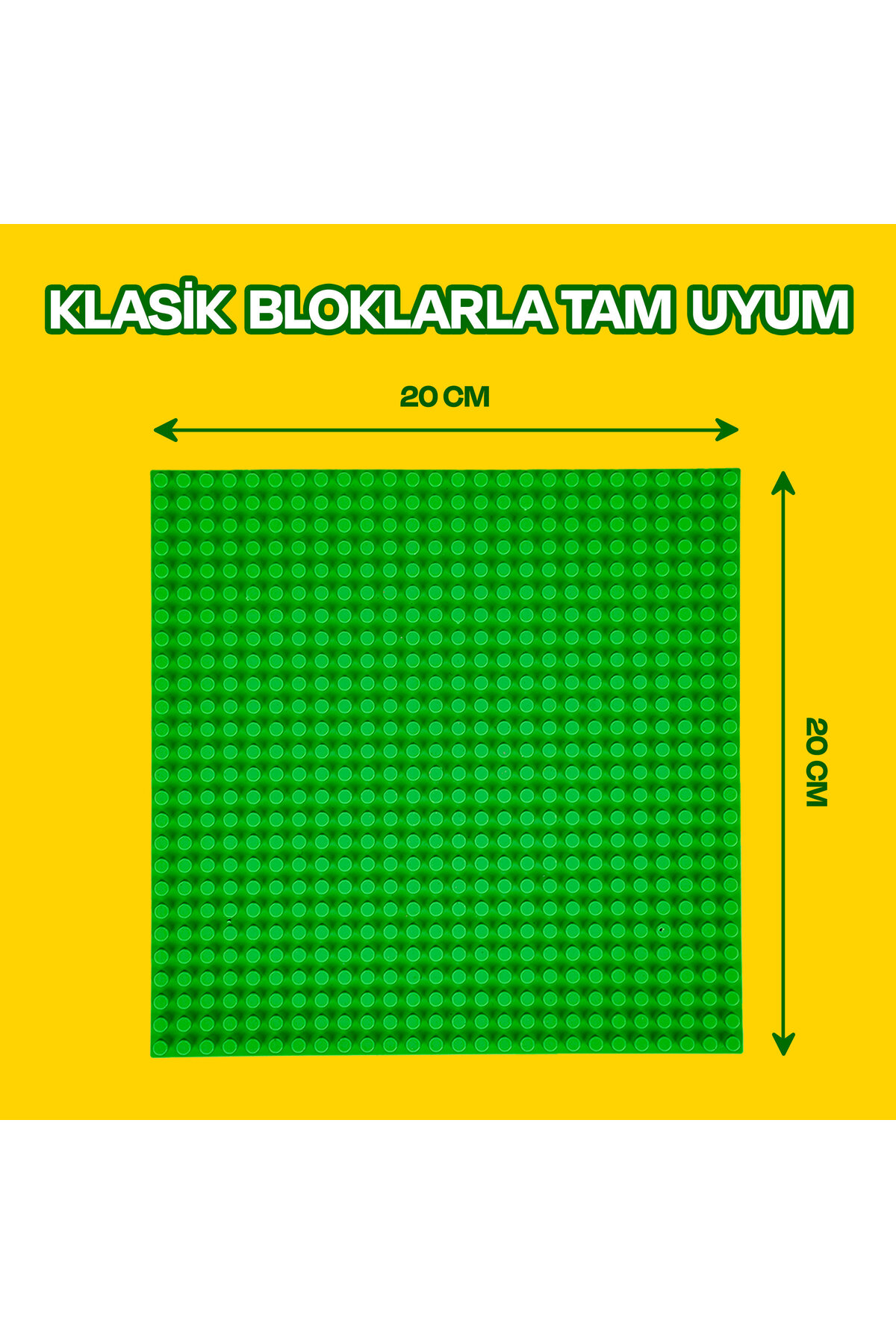 Sarı arka plan üzerinde üzerinde Türkçe yazı bulunan 20x20 cm boyutlarında yeşil kare yapı tabanı.