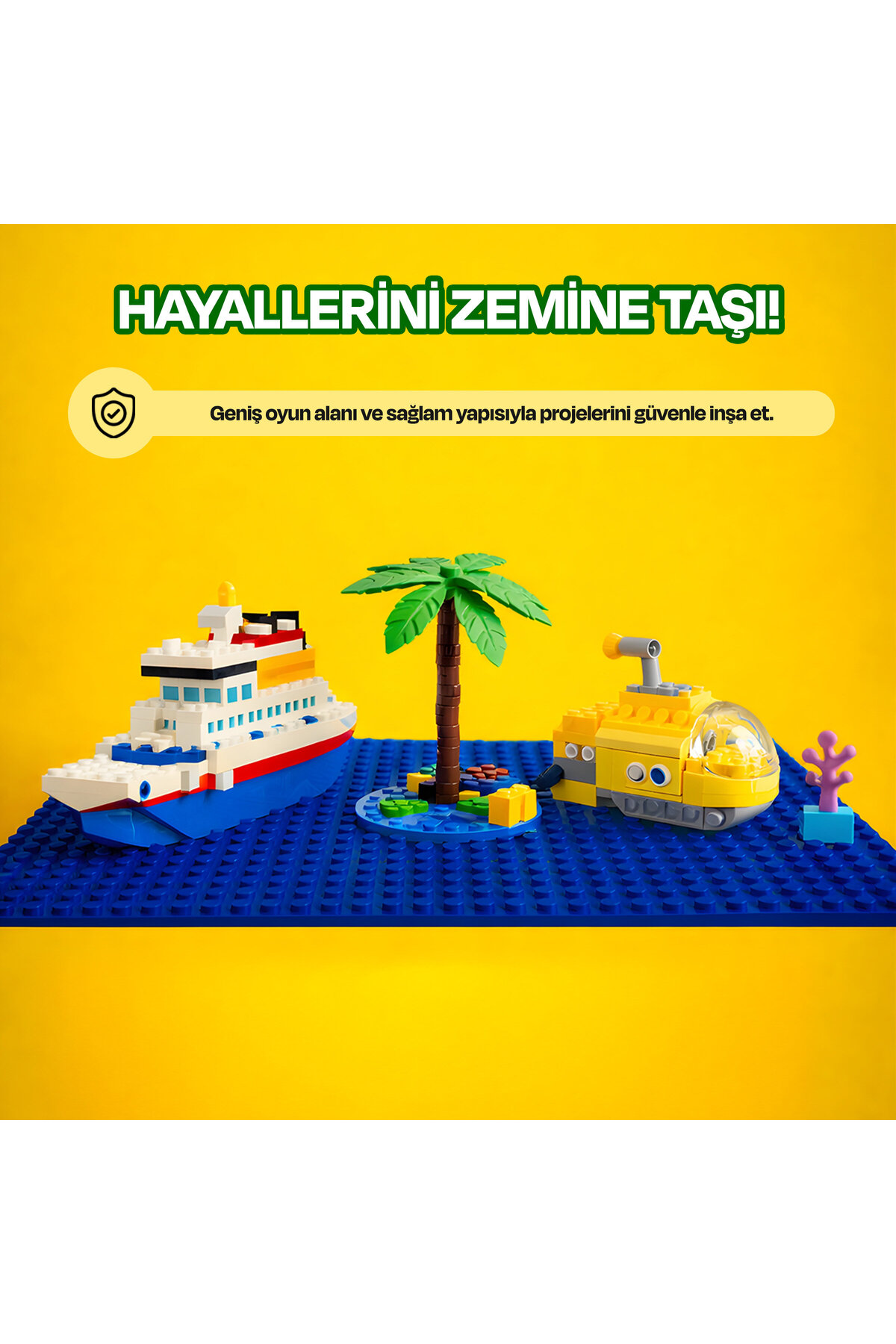Metinli sarı arka planda mavi zemin üzerinde Lego modelleri.