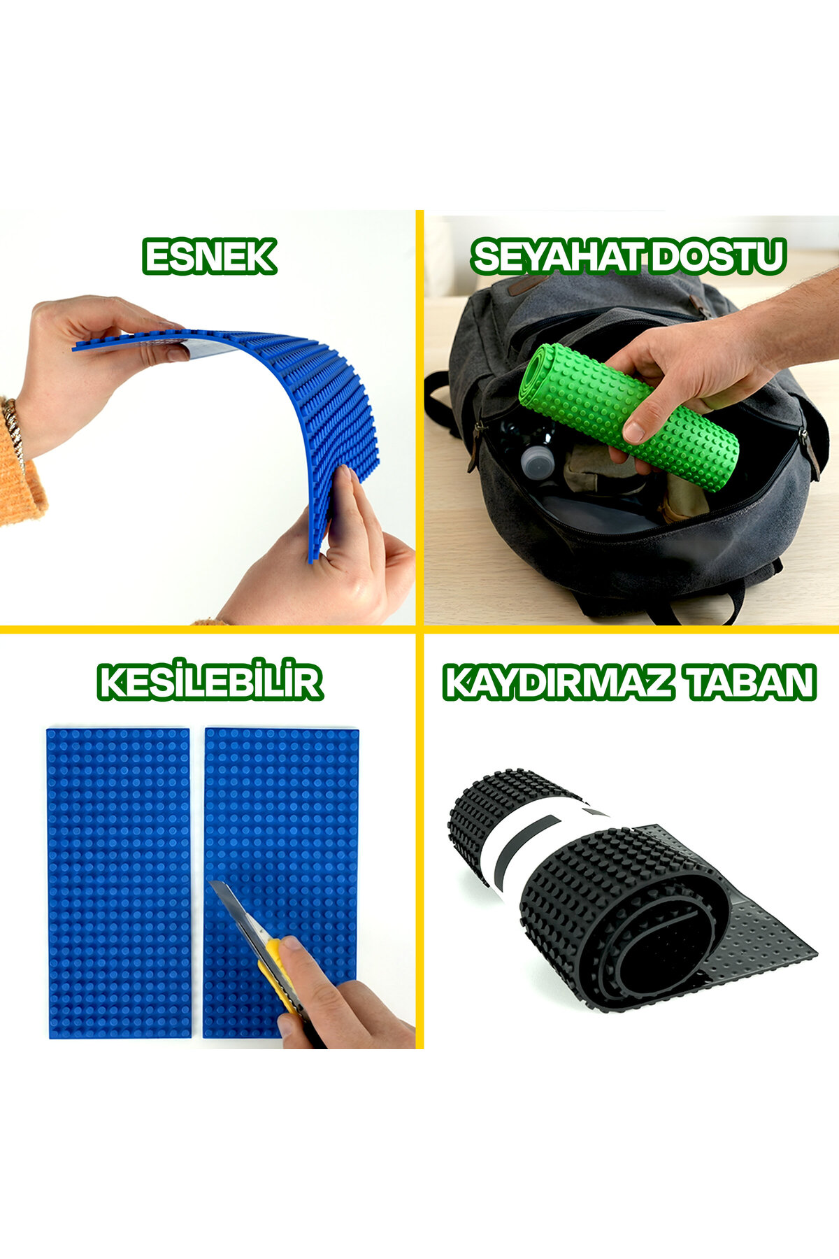 Dört görselde esnek, seyahat dostu, kesilebilir ve kaydırmaz tabanlı mavi ve yeşil oyuncak tabla gösteriliyor.