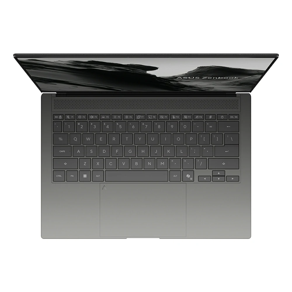 Vista dall'alto di un ASUS Zenbook grigio scuro aperto che mostra tastiera, trackpad e sfondo dello schermo.