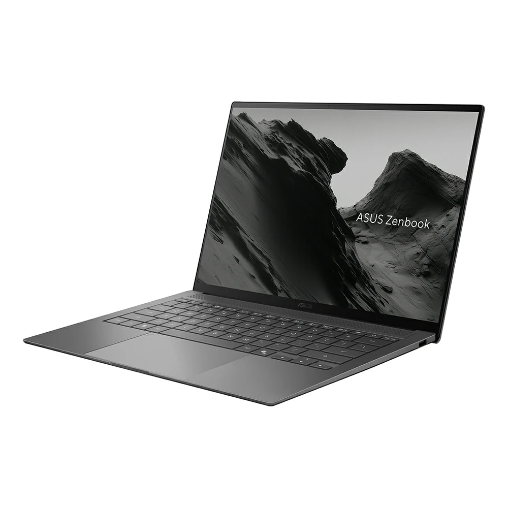 Un laptop grigio ASUS Zenbook con schermo aperto e sfondo montano, isolato su sfondo bianco.