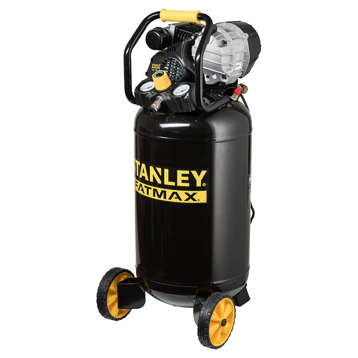 Een zwarte en gele verticale Stanley Fatmax luchtcompressor met wielen en meters, op een witte achtergrond.