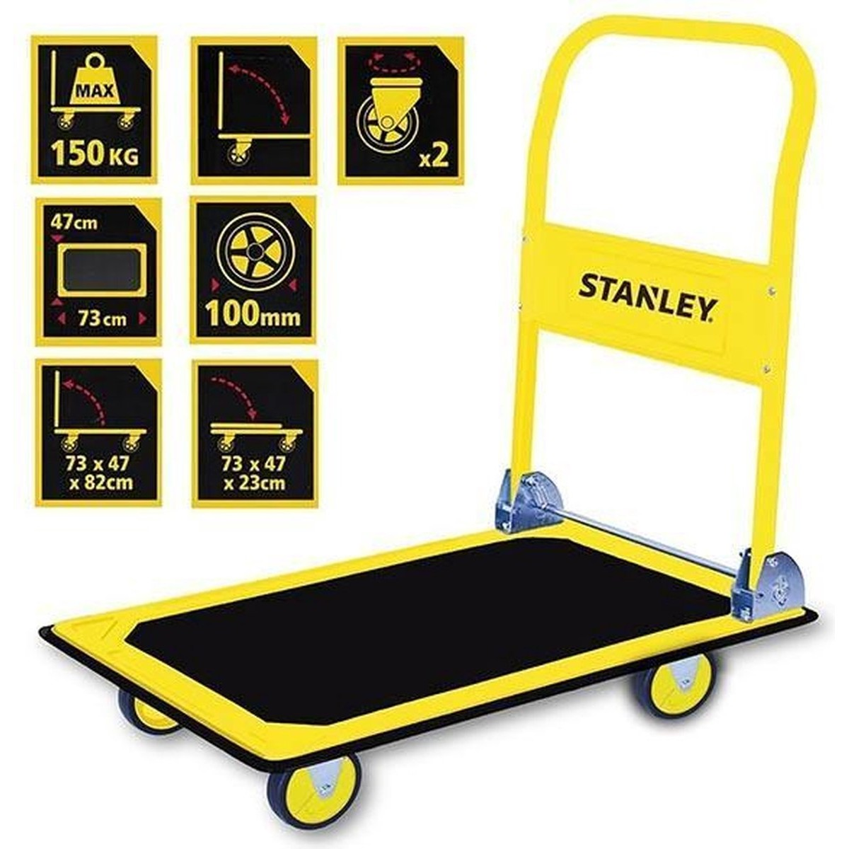 Carrello a pianale Stanley giallo e nero con manico pieghevole e icone.