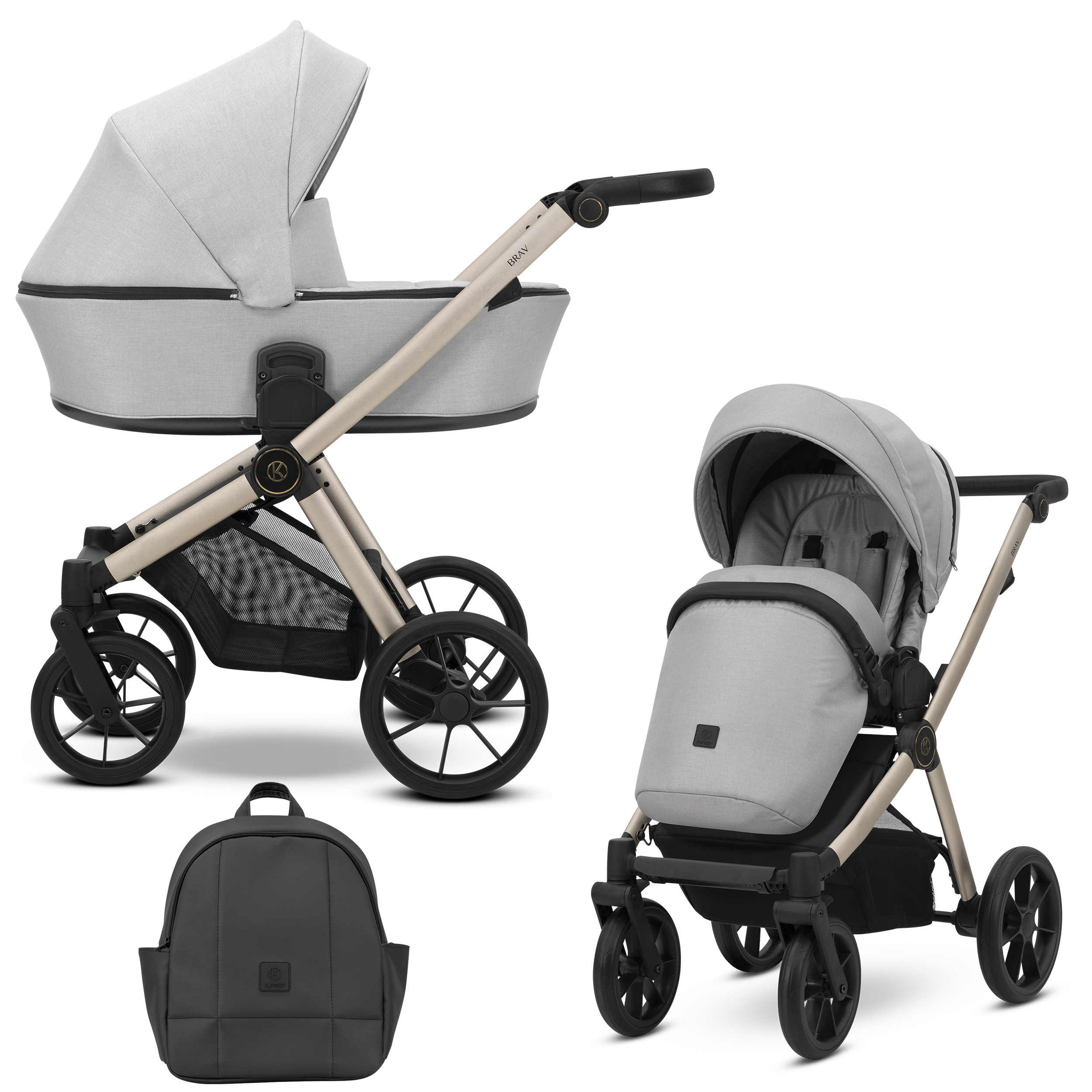 Grauer Kinderwagen mit Wanne, Buggysitz und passendem schwarzem Rucksack vor weißem Hintergrund.