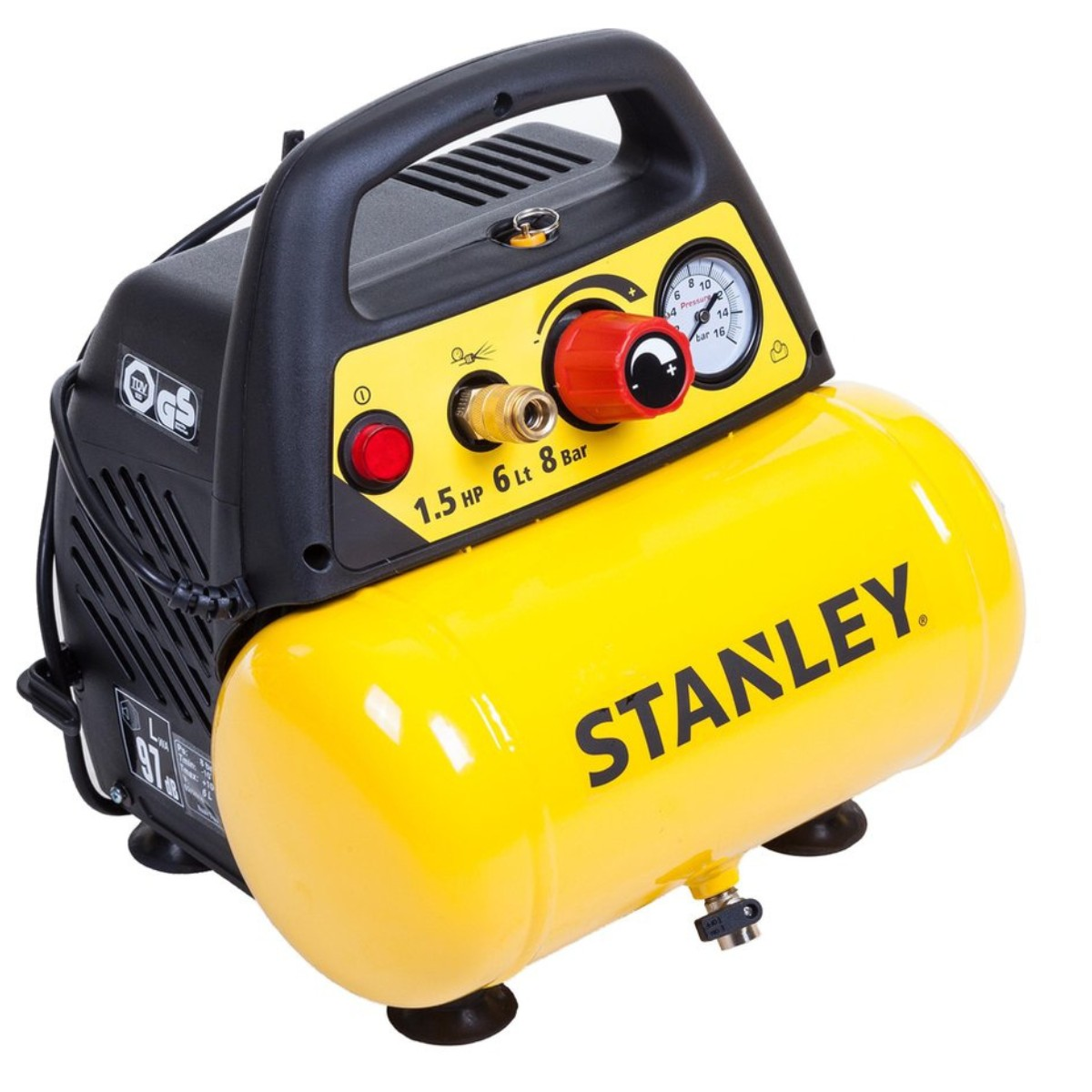 Compresor de aire portátil Stanley amarillo con mango negro, manómetro y regulador.
