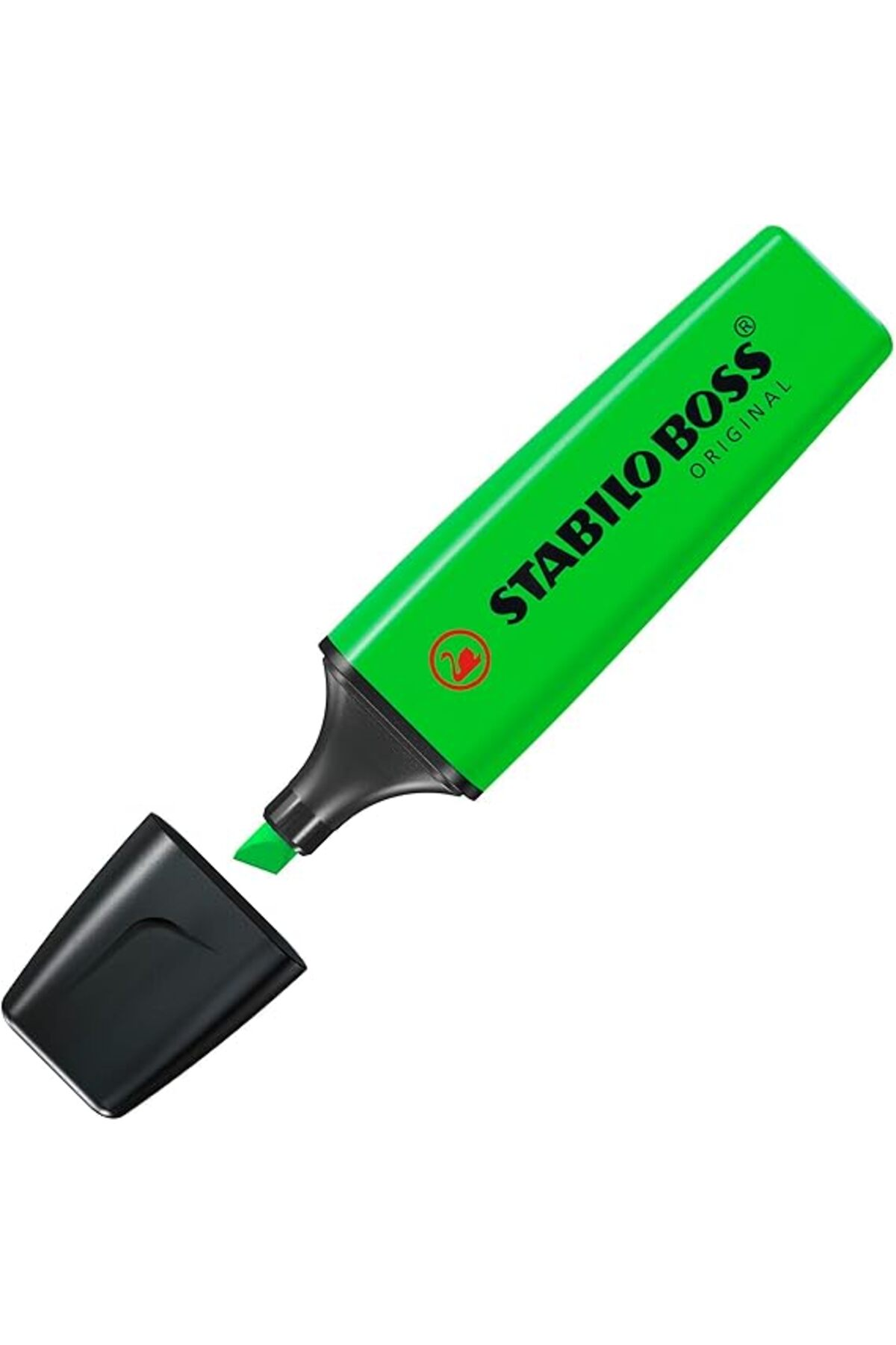 Beyaz arka planda siyah kapağı çıkarılmış yeşil Stabilo Boss Original fosforlu kalem.