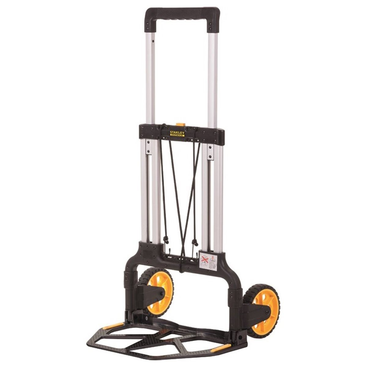 Carrello a mano pieghevole argentato e nero con ruote e base gialla, su sfondo bianco.