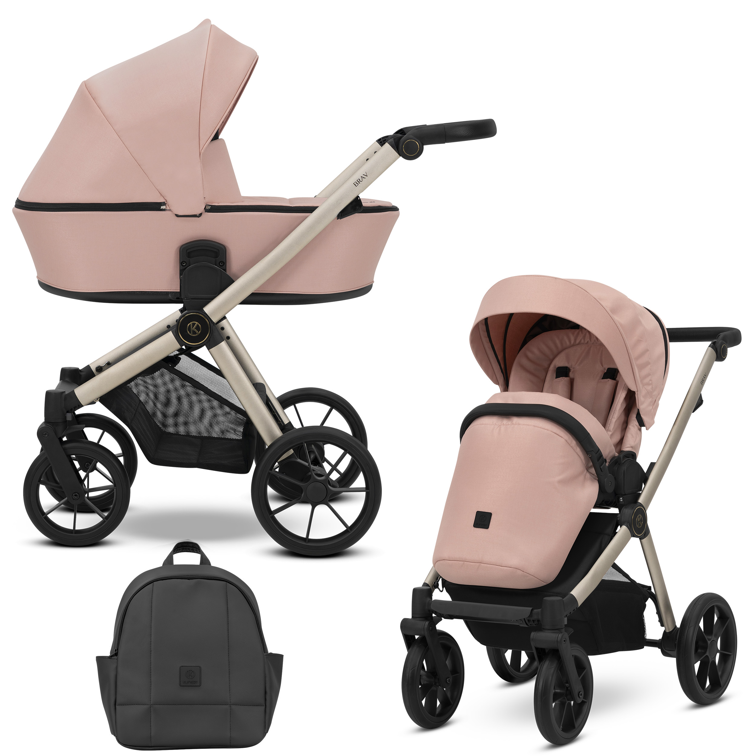 Ein rosafarbener Kinderwagen mit Gestell, ein Buggy-Aufsatz und ein schwarzer Rucksack auf weiem Grund.
