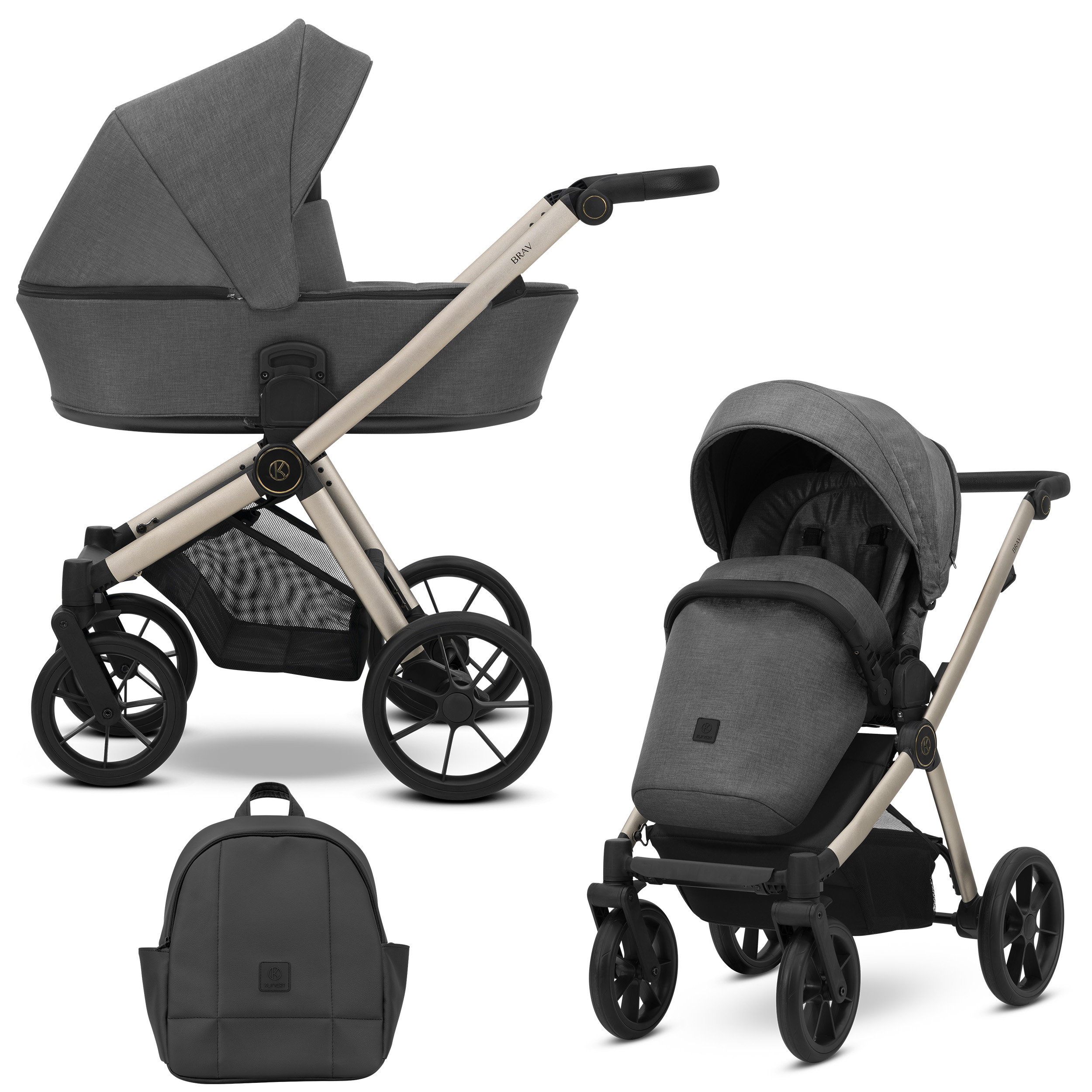 Ein grauer Kinderwagen mit Babyschale, Sportaufsatz, Korb und passendem schwarzen Wickelrucksack.