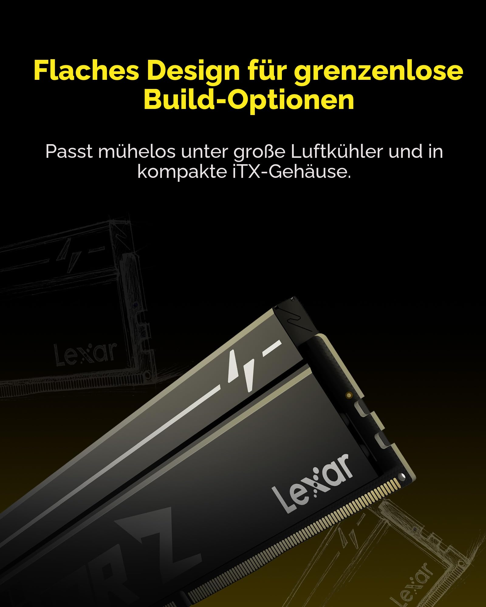 Un module RAM Lexar sur fond noir avec du texte jaune.